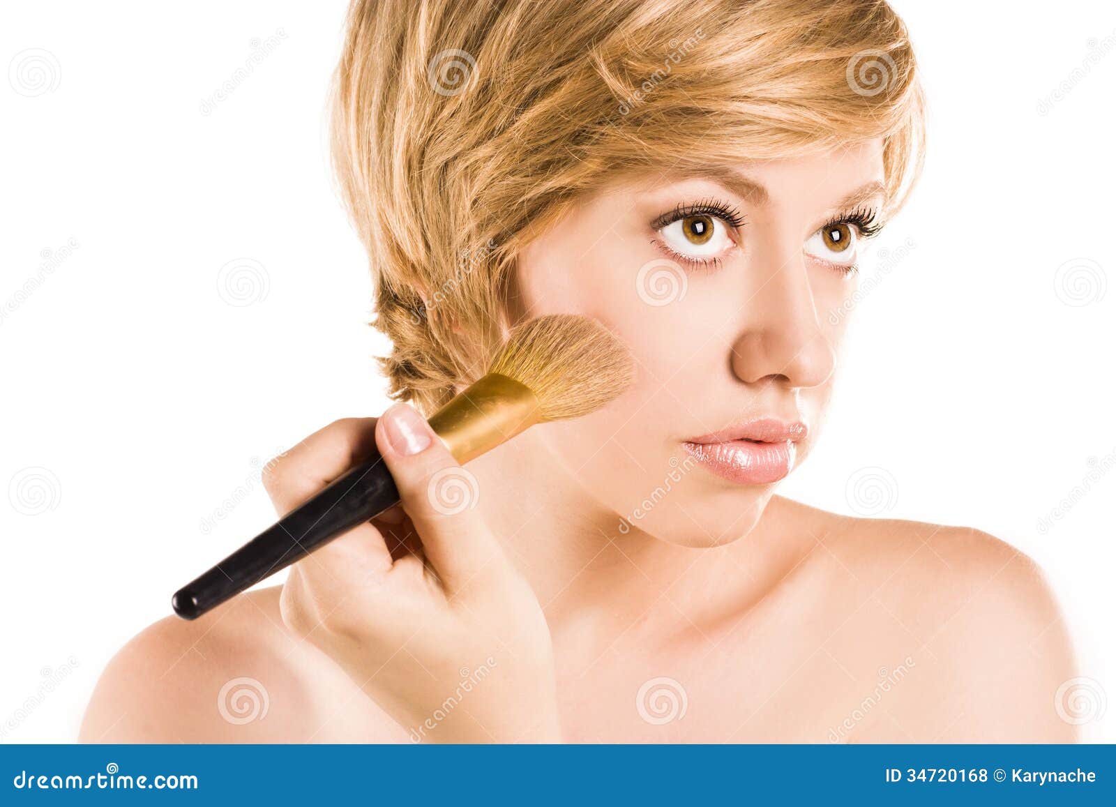 Woman Using a Makeup Brush, Isolated on White Stock Photo Image of