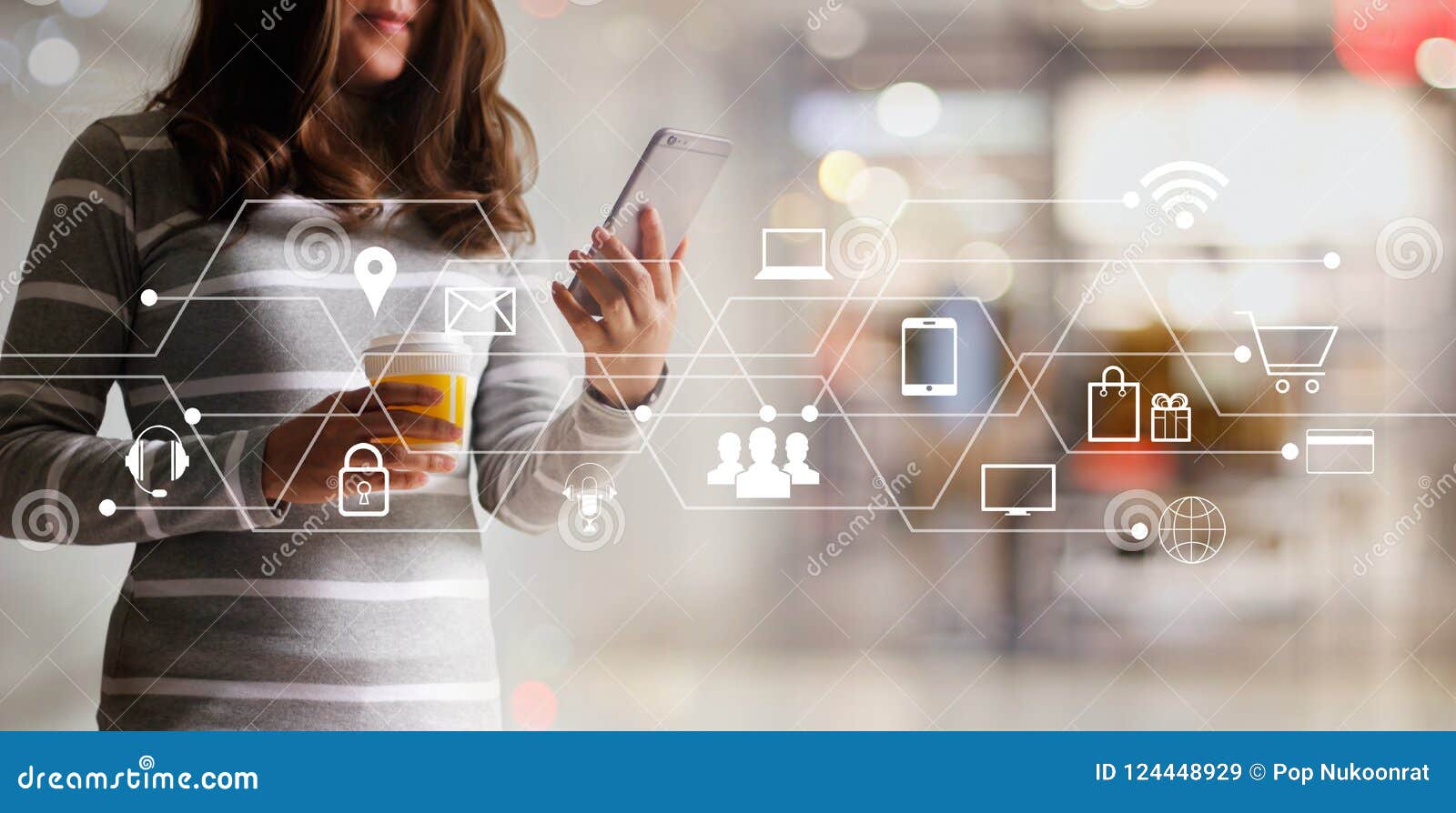 woman using mobile payments online shopping and icon customer network connection. digital marketing, m-banking and omni channel