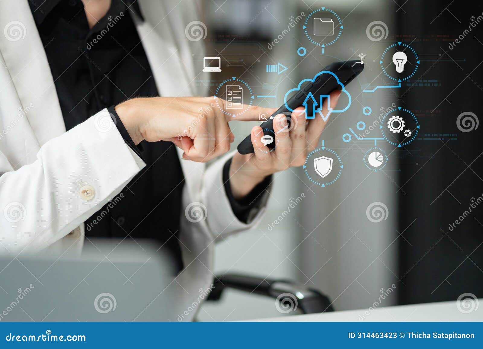 woman is using a smartphone and tablet to access the cloud computing system, storage and data transfer cloud network, cloud