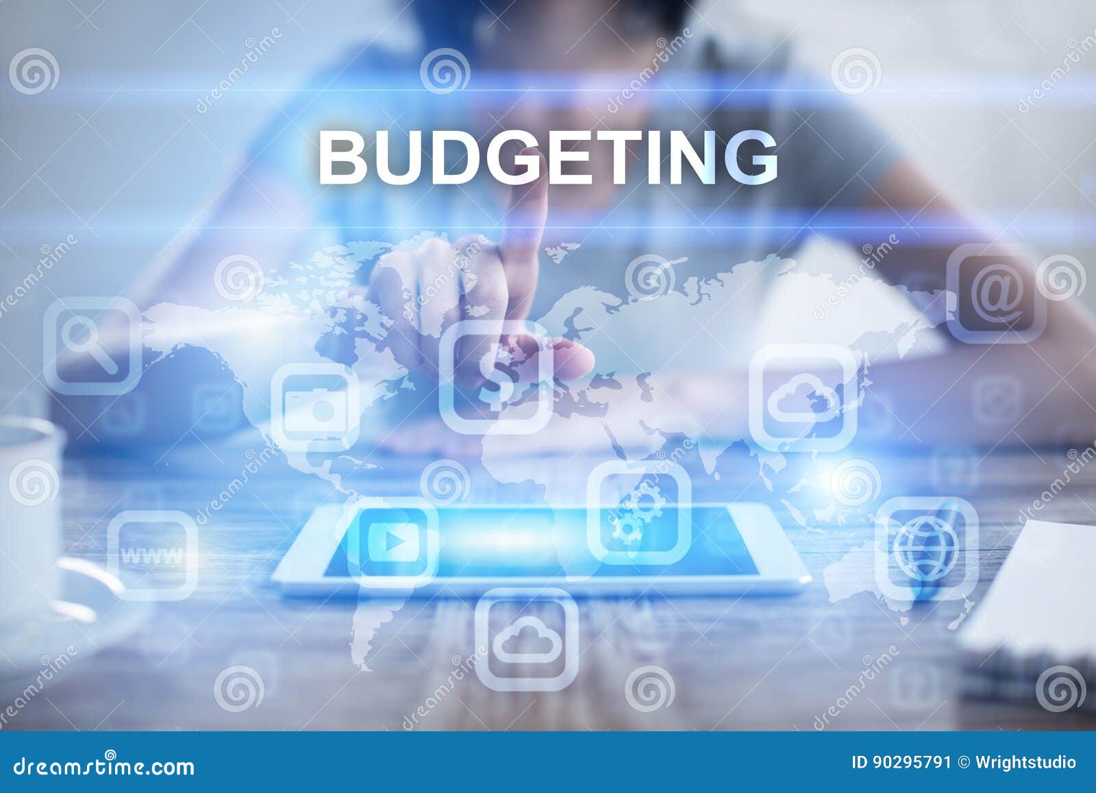 woman using tablet pc, pressing on virtual screen and selecting budgeting