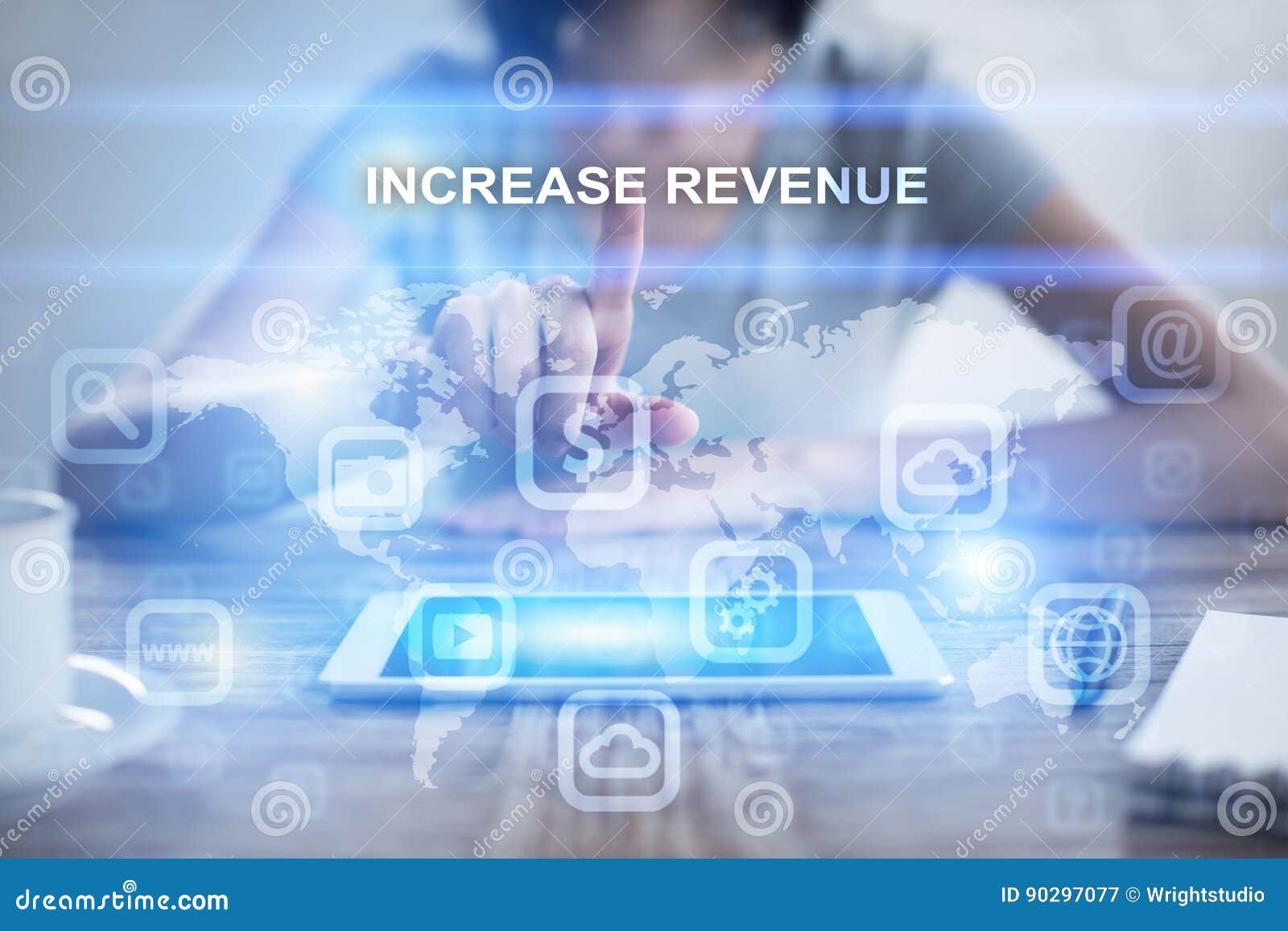 woman using tablet pc, pressing on virtual screen and selecting increase revenue
