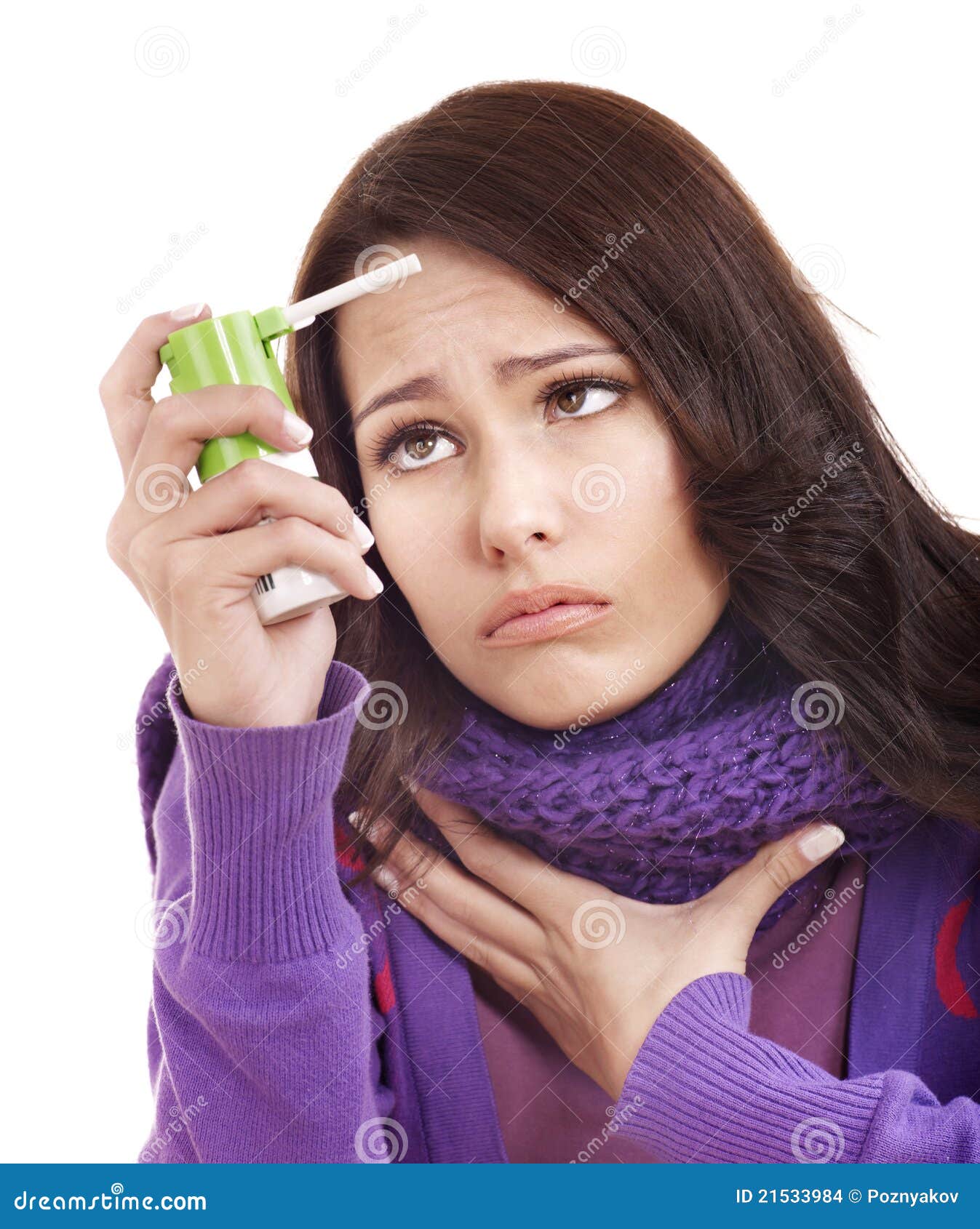 Woman Using Throat Spray Stock Photo