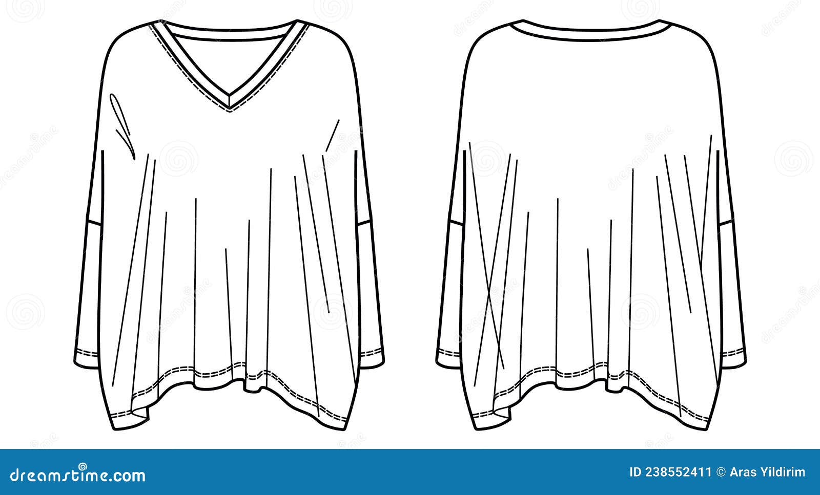 Woman V Neck Oversize Blouse Technical Drawing Stock Vector