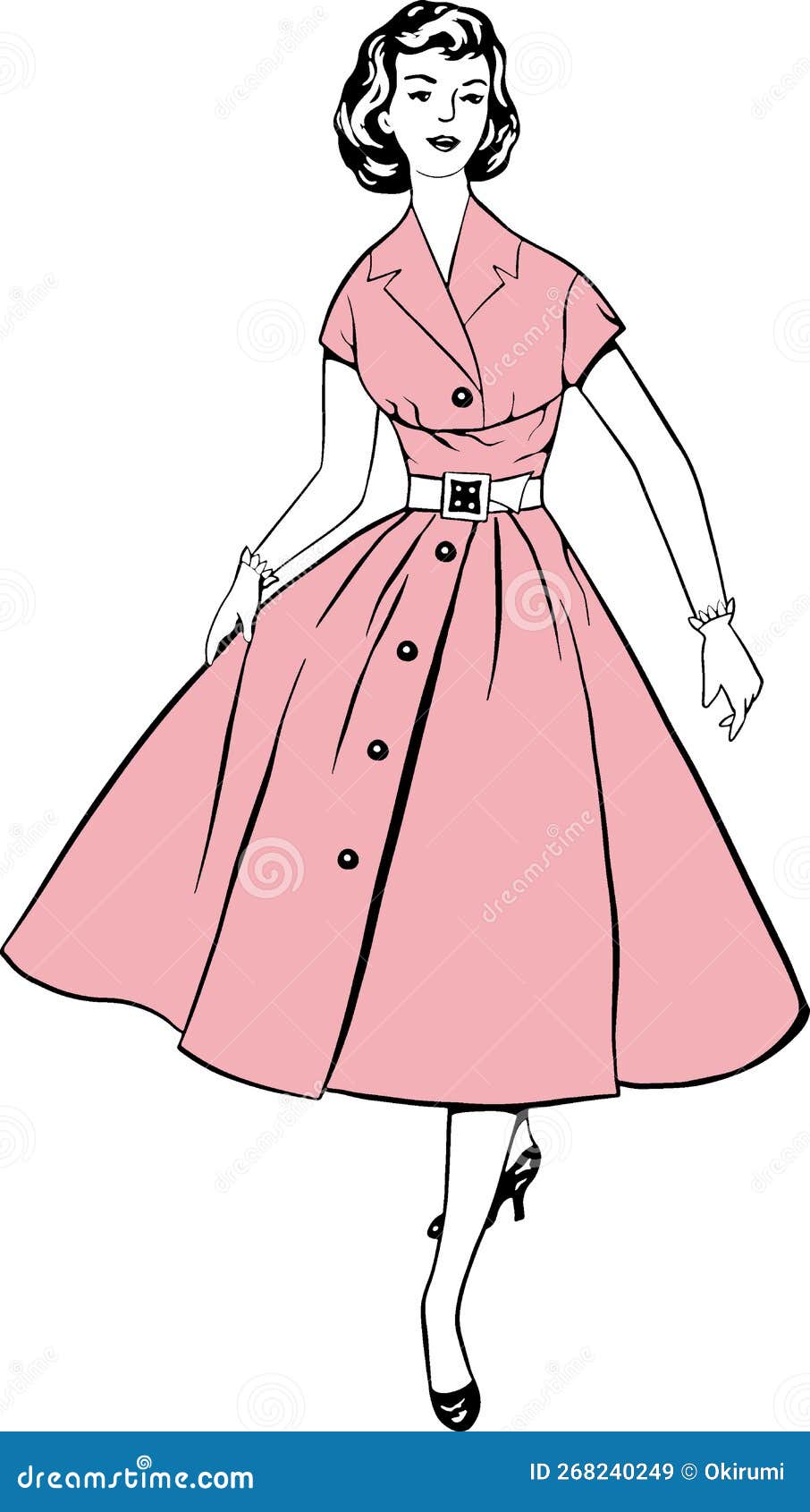 Woman in Vintage Summer Dress Line Silhouette Stock Vector ...