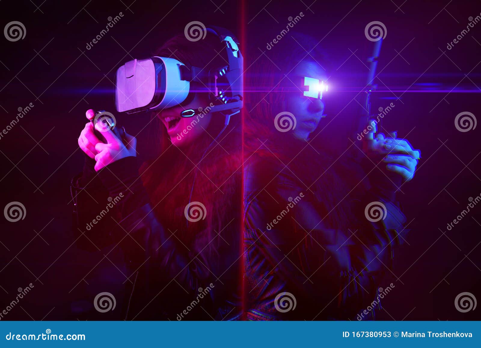 Woman with Virtual Reality Headset and Gamepad and His Virtual ...
