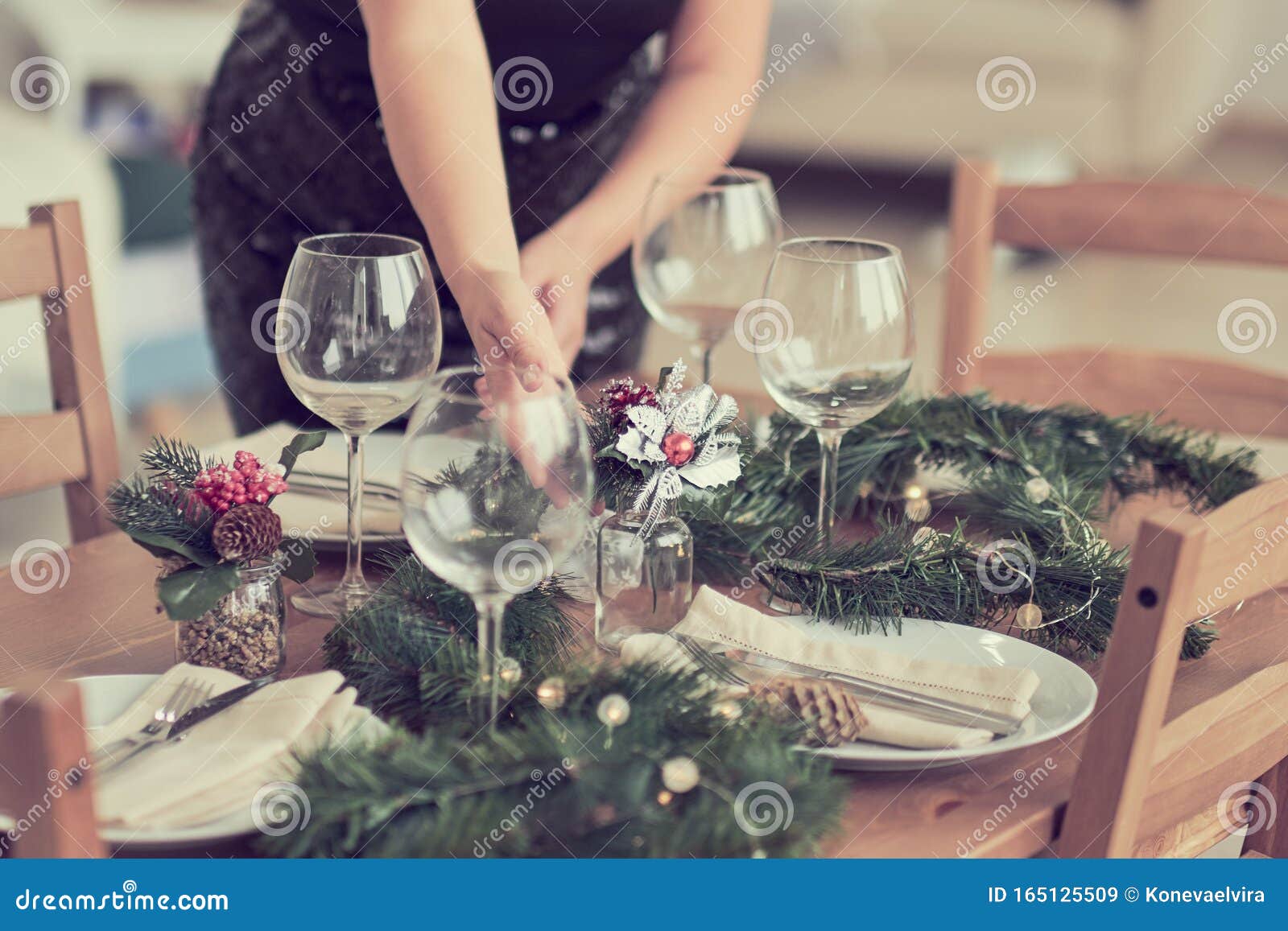 Woman is Waiting for Guests and Sets the Table. Festive Laying Table ...