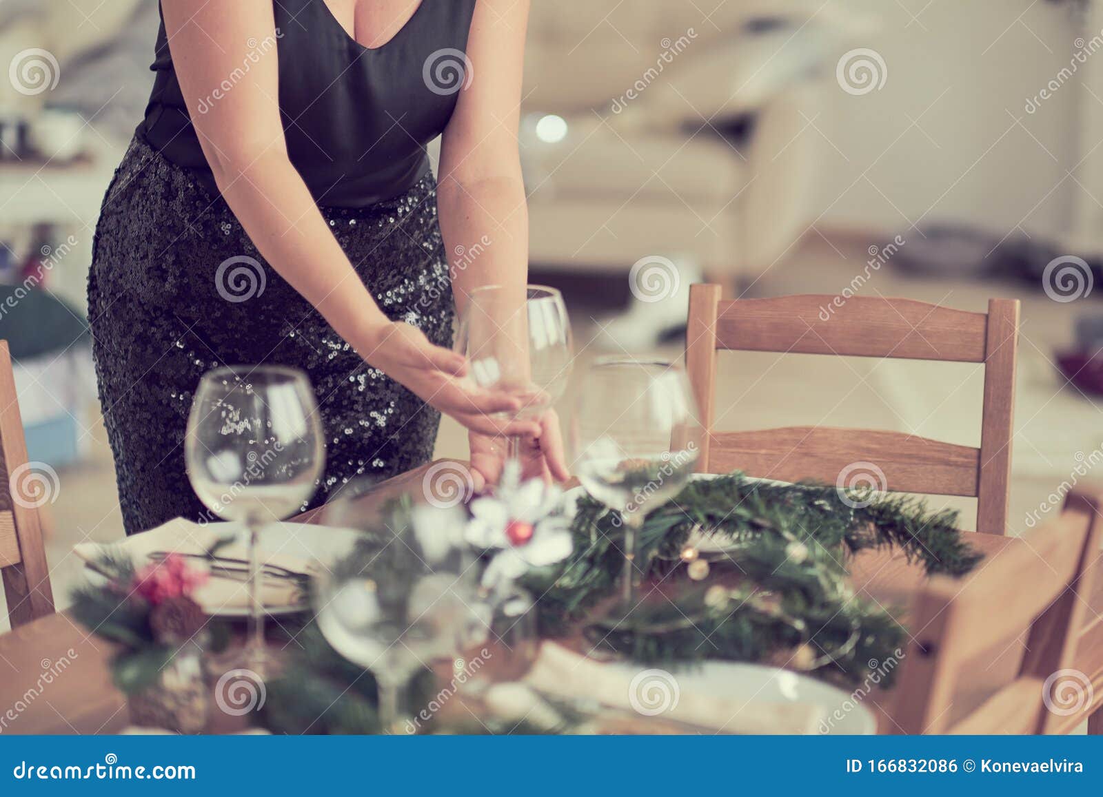 Woman is Waiting for Guests and Sets the Table. Festive Laying Table ...