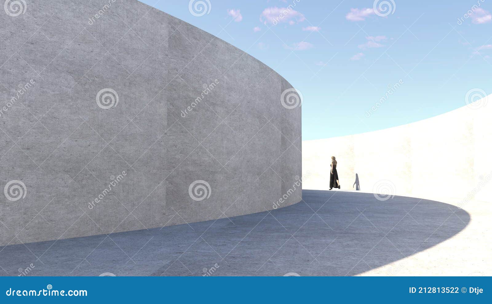 woman walking in an circular corridor. 3d rendering.