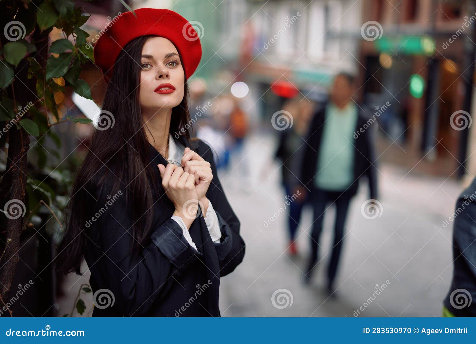 woman walking down an old city street in a crowd, sociophobia, fear of crowds, fear of people, panic attack.