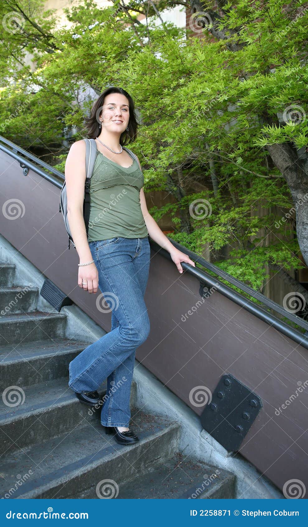 Pretty Young Girl Walking Down The Stone Stairs Stock 