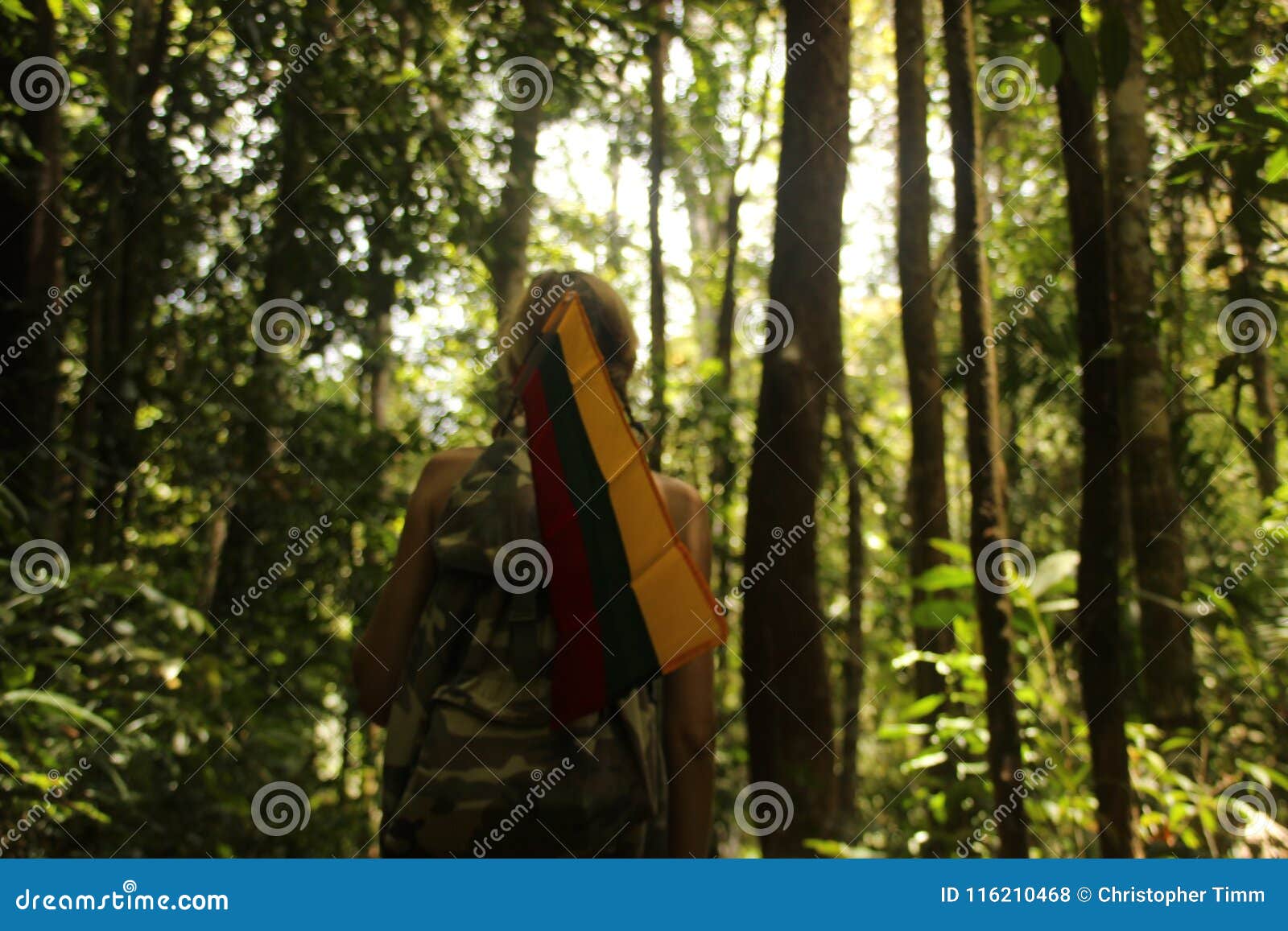 woman is walking with a lithuanian flag through a forest