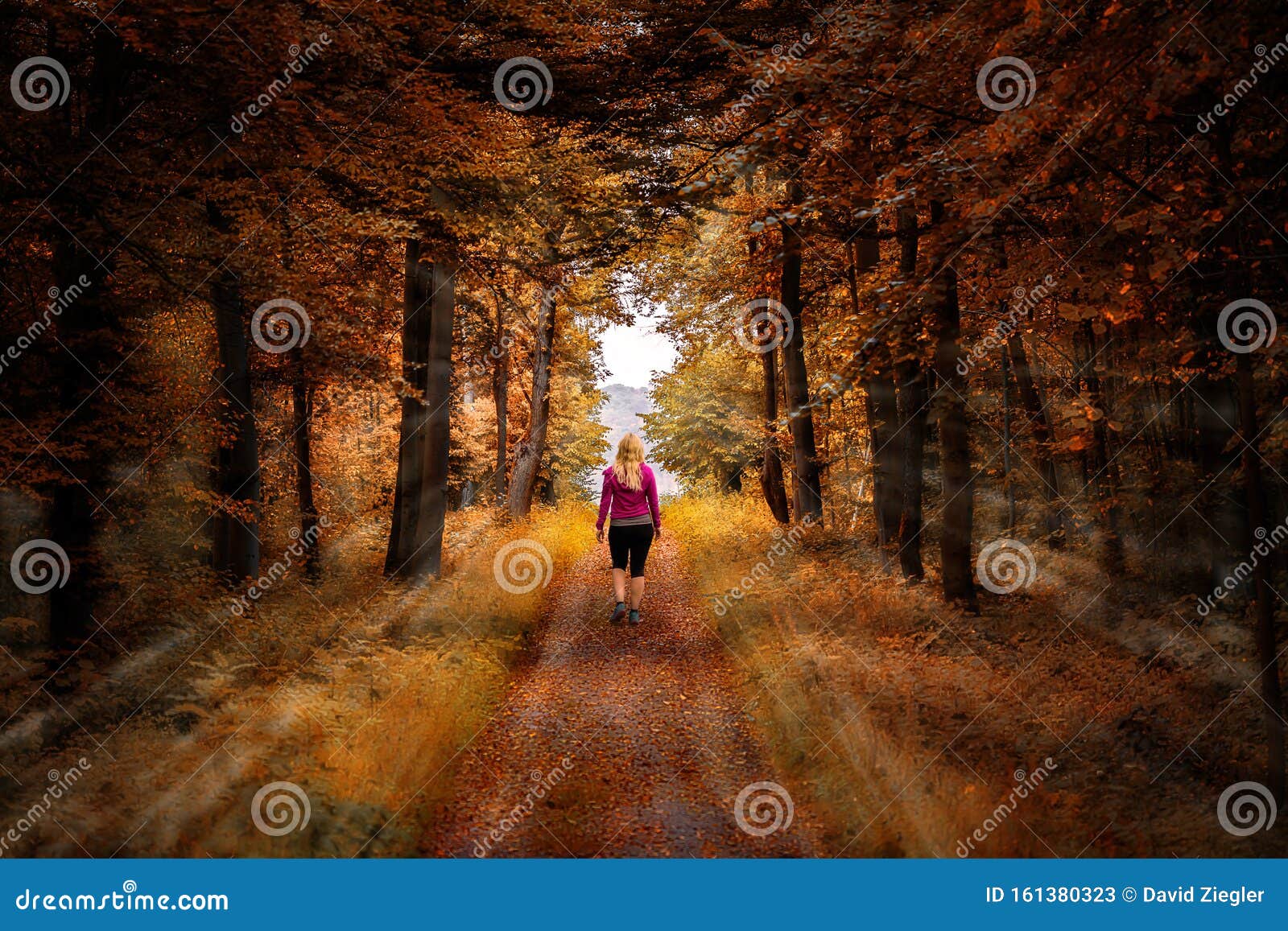 woman walking on a straight path in a colorful autumn forest