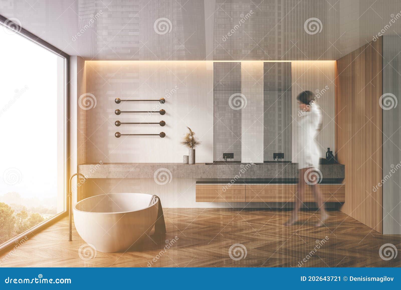 Woman Walking in White and Wooden Bathroom Stock Image - Image of ...