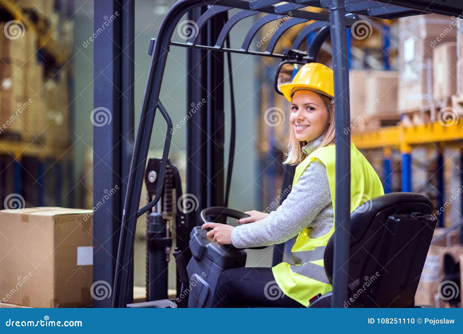 Woman Warehouse Worker with Forklift. Stock Photo Image of helmet