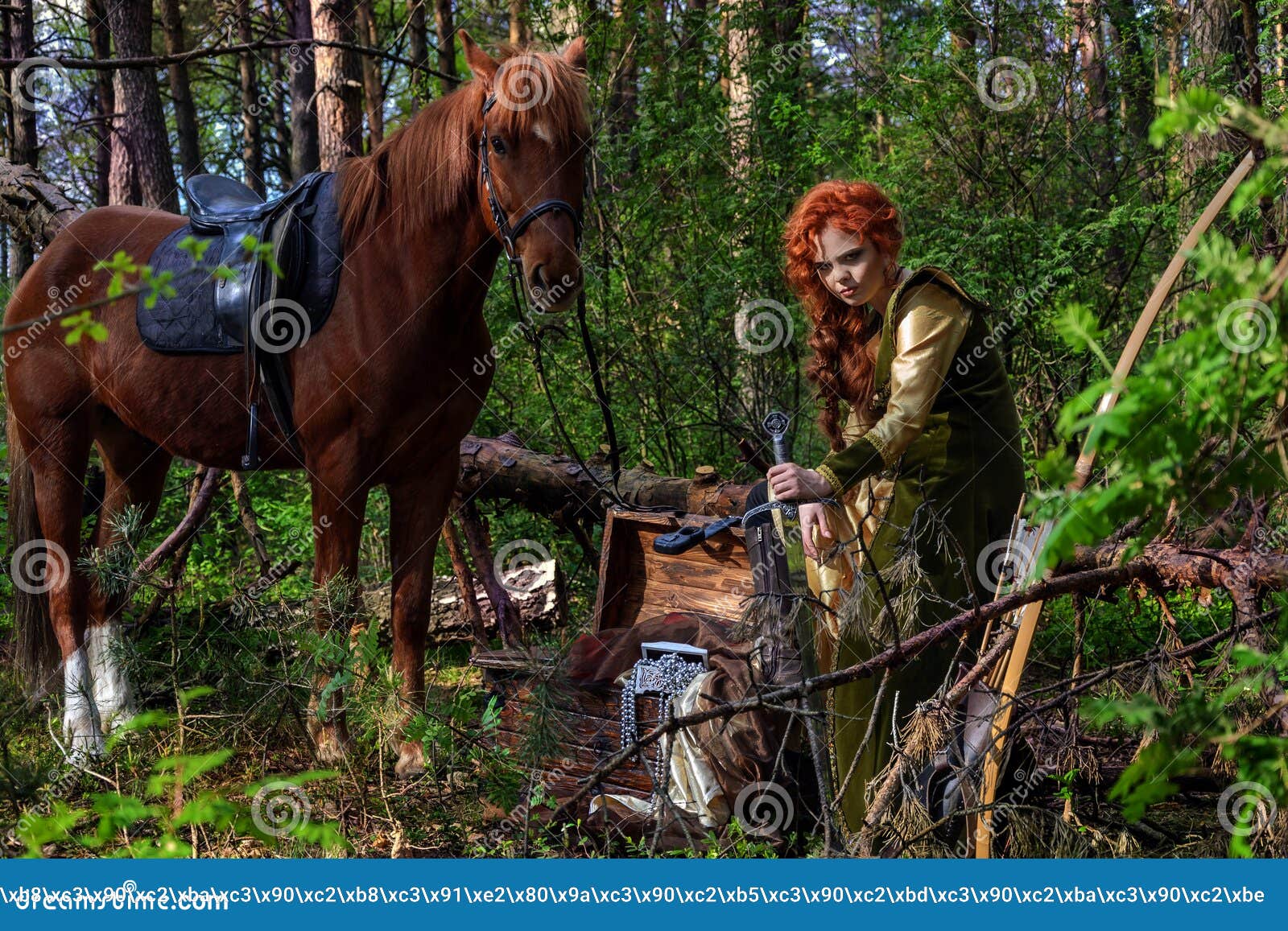 Woman Warrior Armed with a Bow on Horseback Stock Photo Image of