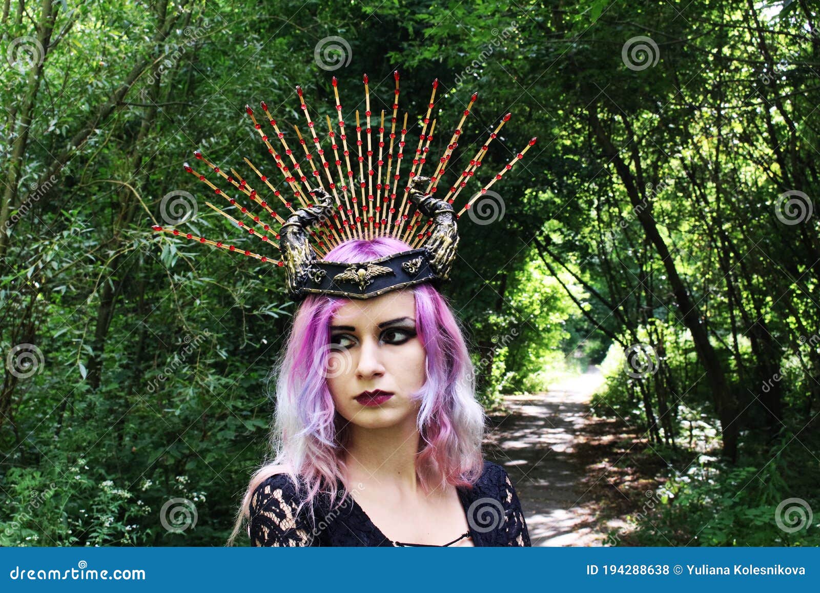 Woman Warrior with Pink Hair in a Crown of Horns Stock Photo - Image of  great, black: 194288638