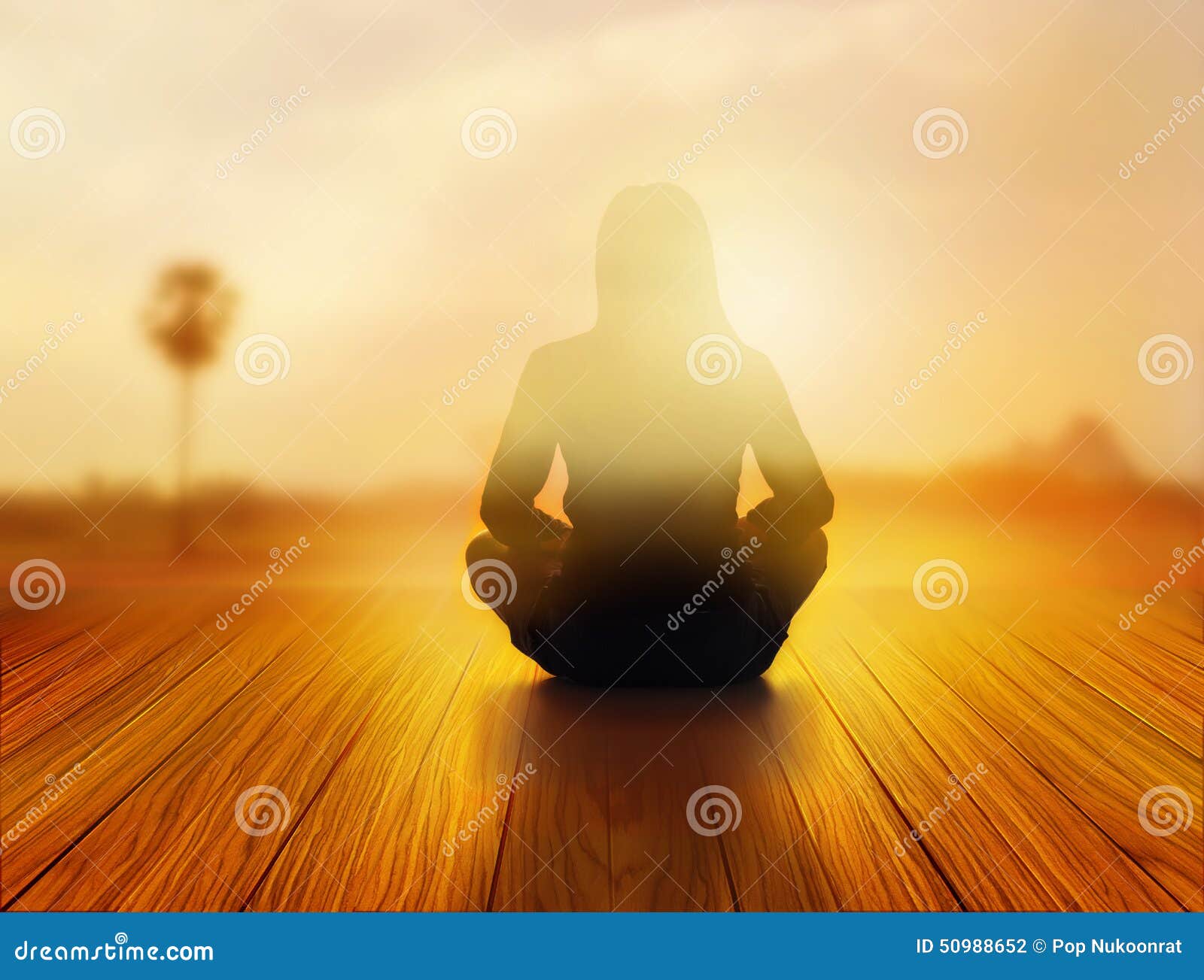 woman was meditating in sunrise and rays of light on landscape, vibrant soft and blur concept