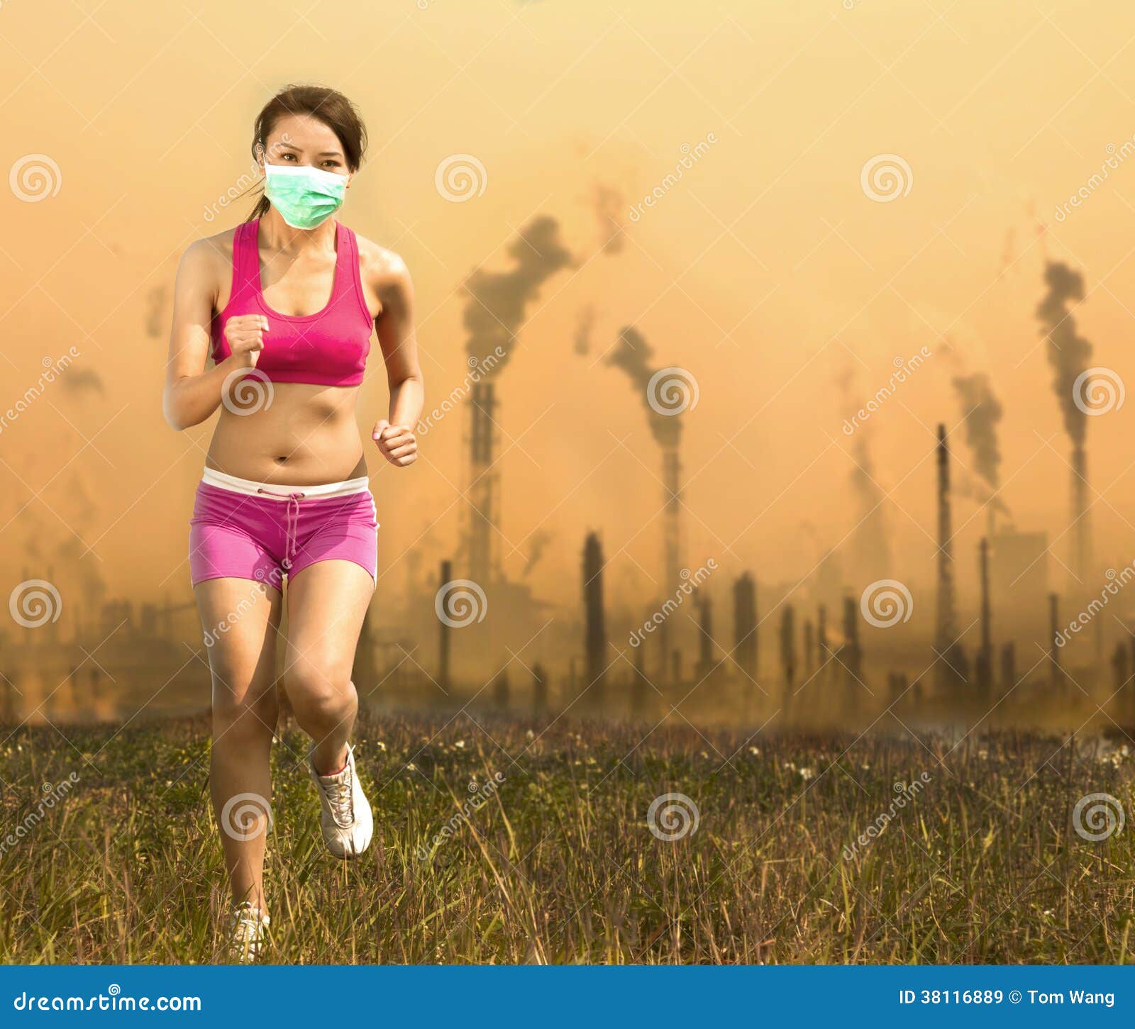 Woman Was Wearing a Mask and Running on Air Pollution Stock Image