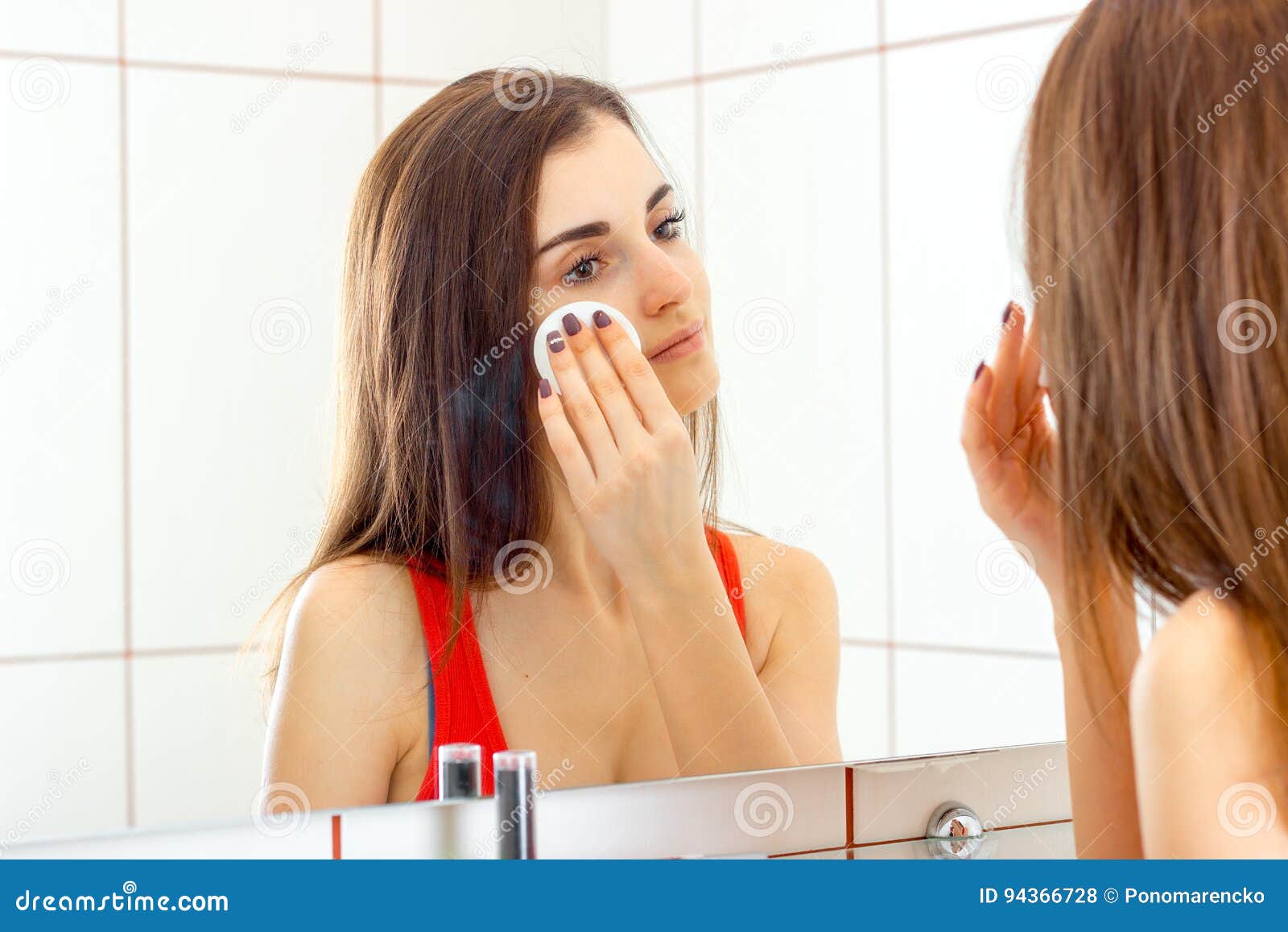 A Woman Washes the Makeup in the Bathroom Stock Photo Image of
