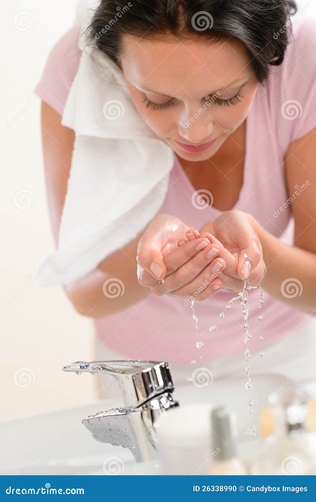 Woman Washing Face with Water in Bathroom Stock Photo Image of hands