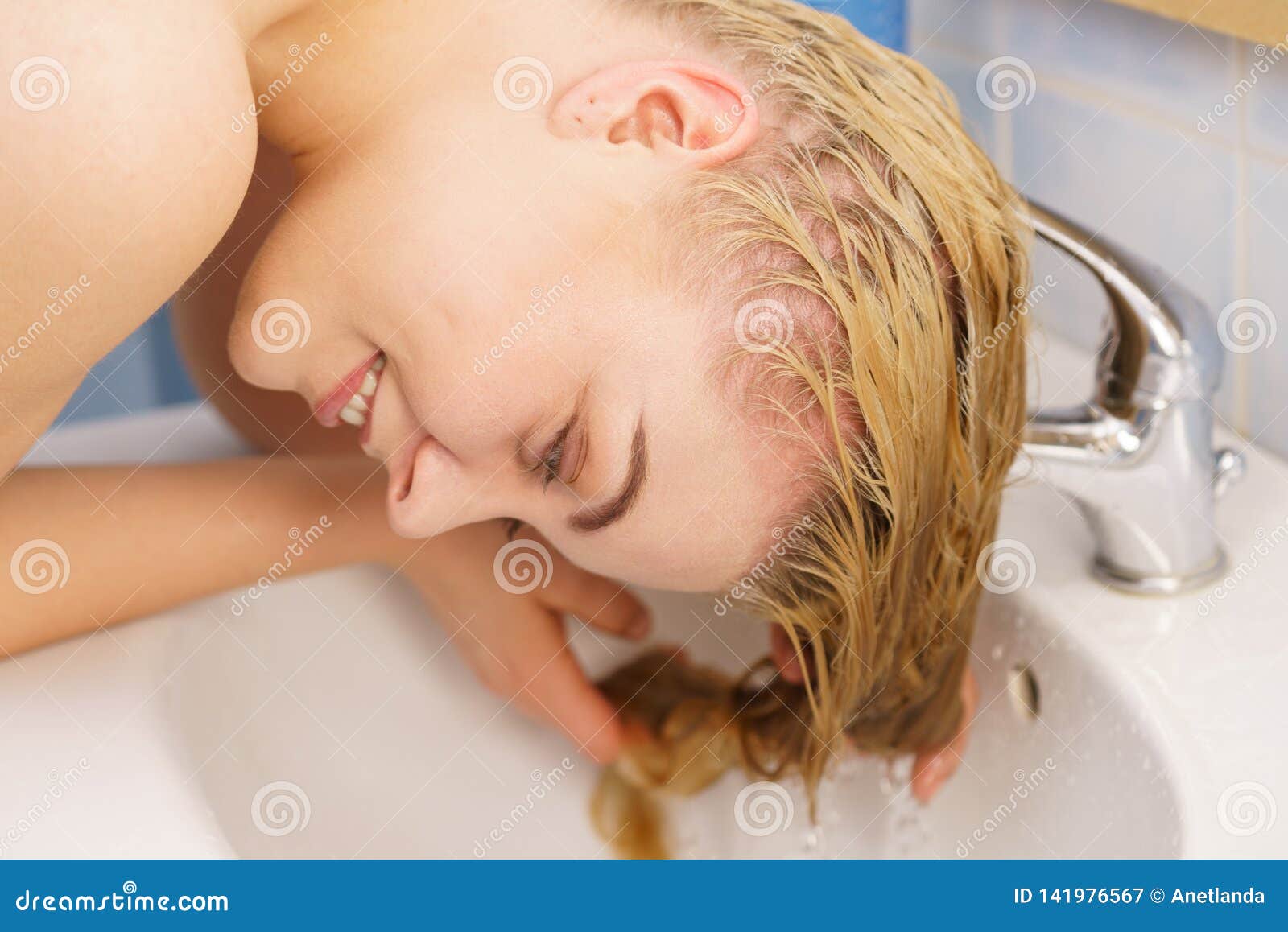 Woman Washing Hair In Bathroom Sink Stock Image Image Of