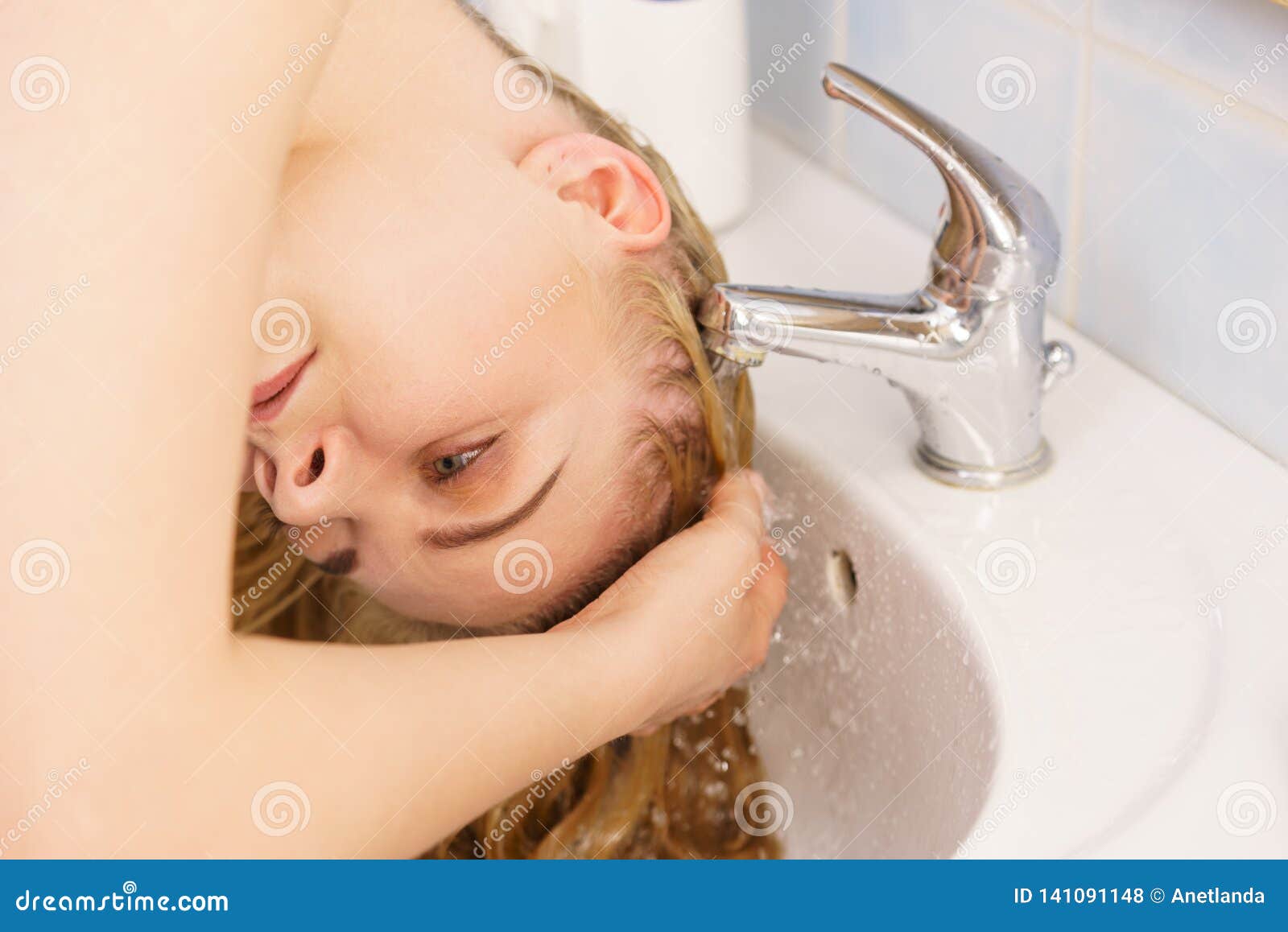 Woman Washing Hair In Bathroom Sink Stock Photo Image Of