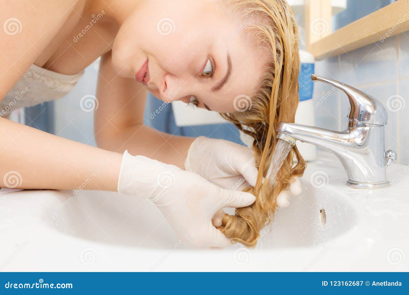 Woman Washing Her Hair In Sink Stock Image Image Of Long