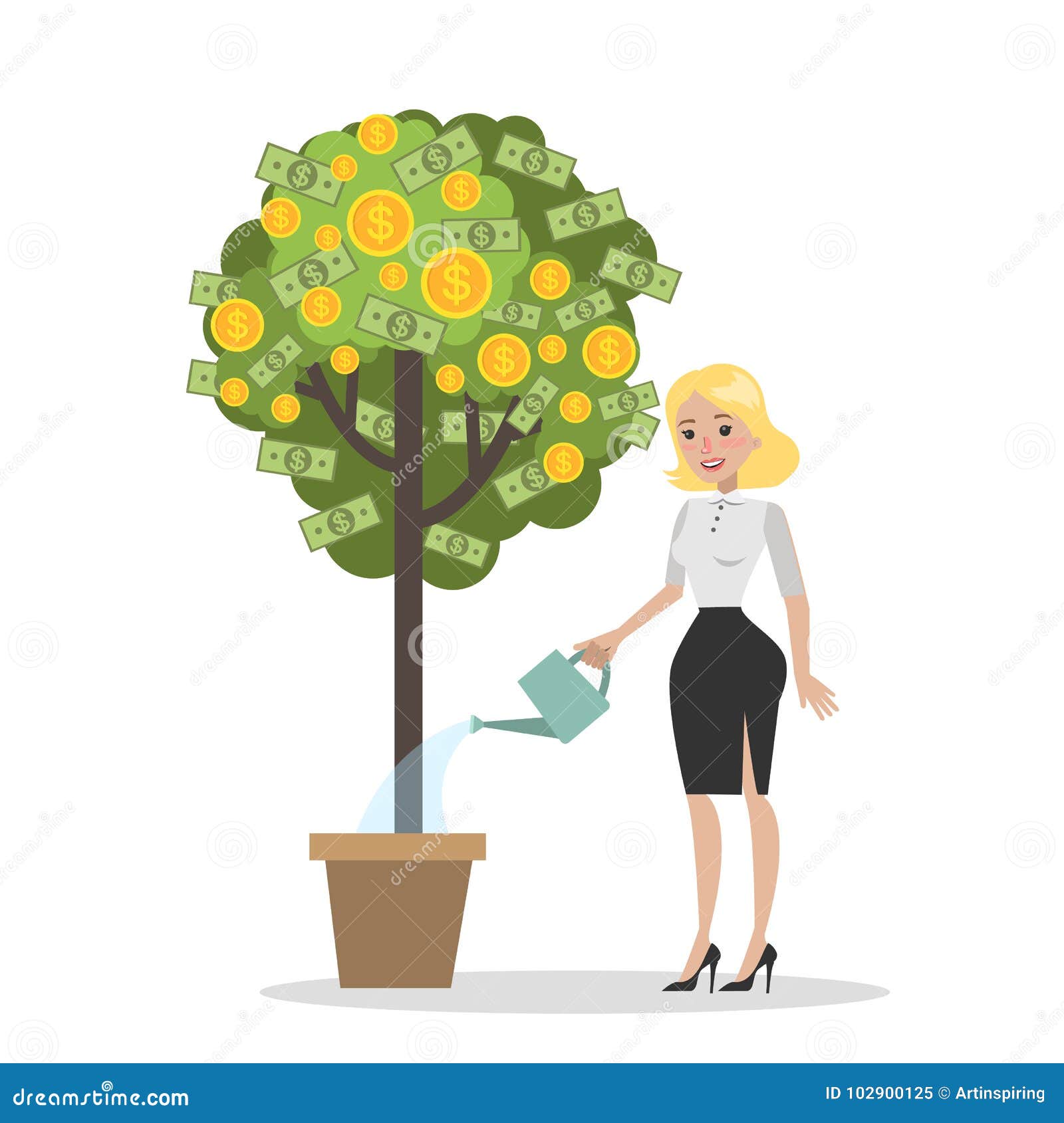 Woman with money tree. stock vector. Illustration of cartoon - 102900125
