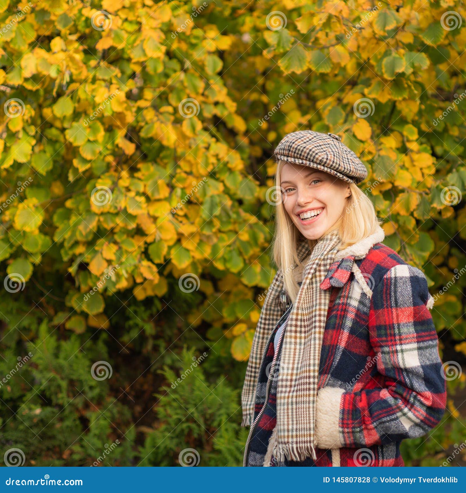 Woman Wear Checkered Clothes Nature Background. Girl Wear Kepi. Fall ...