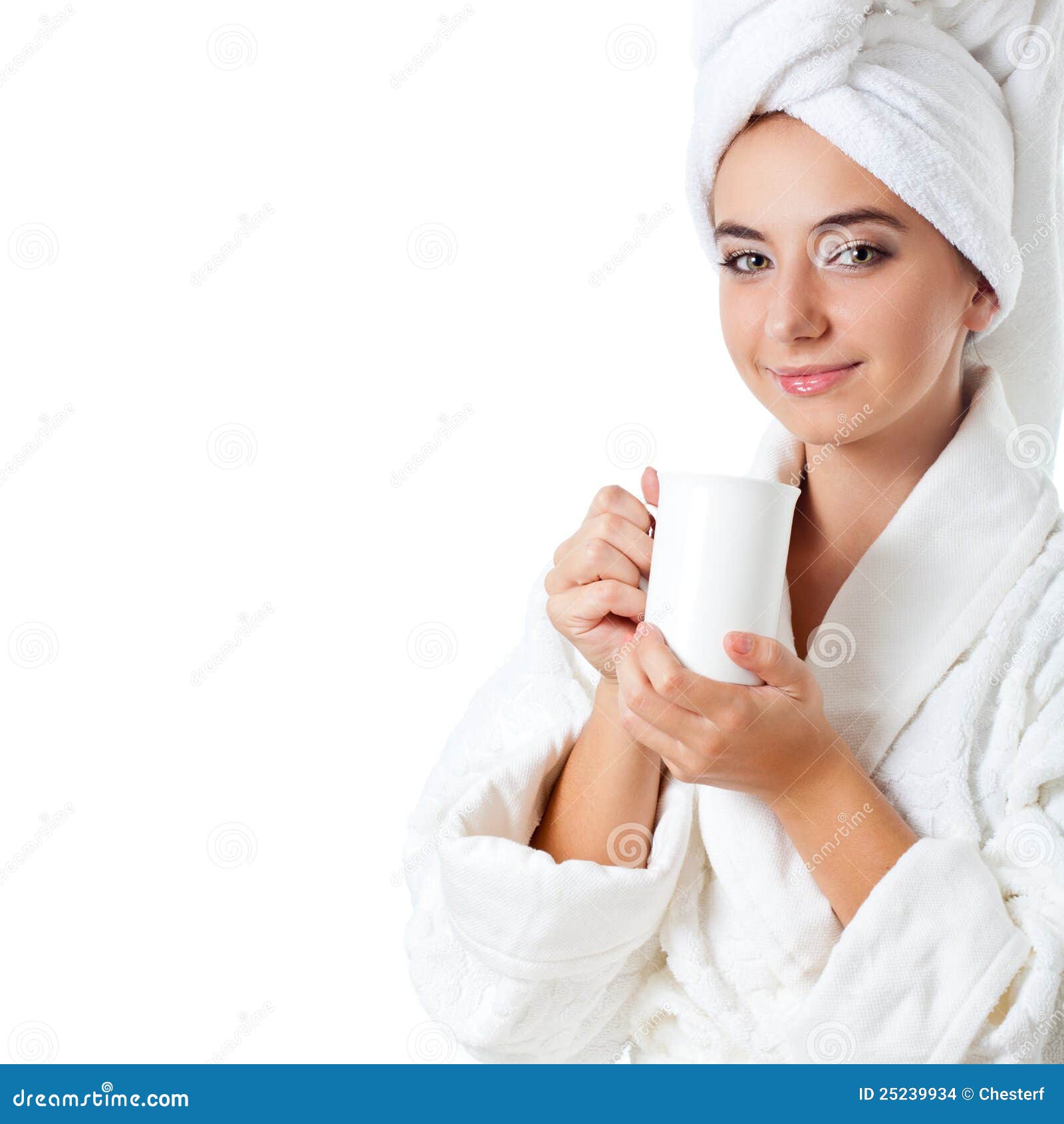 Woman Wearing Bathrobe Holding Mug Stock Photo Image of face, lady