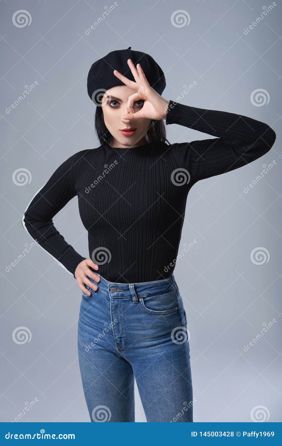 Portrait of Smiling Brunette Girl in Beret Stock Photo - Image of ...