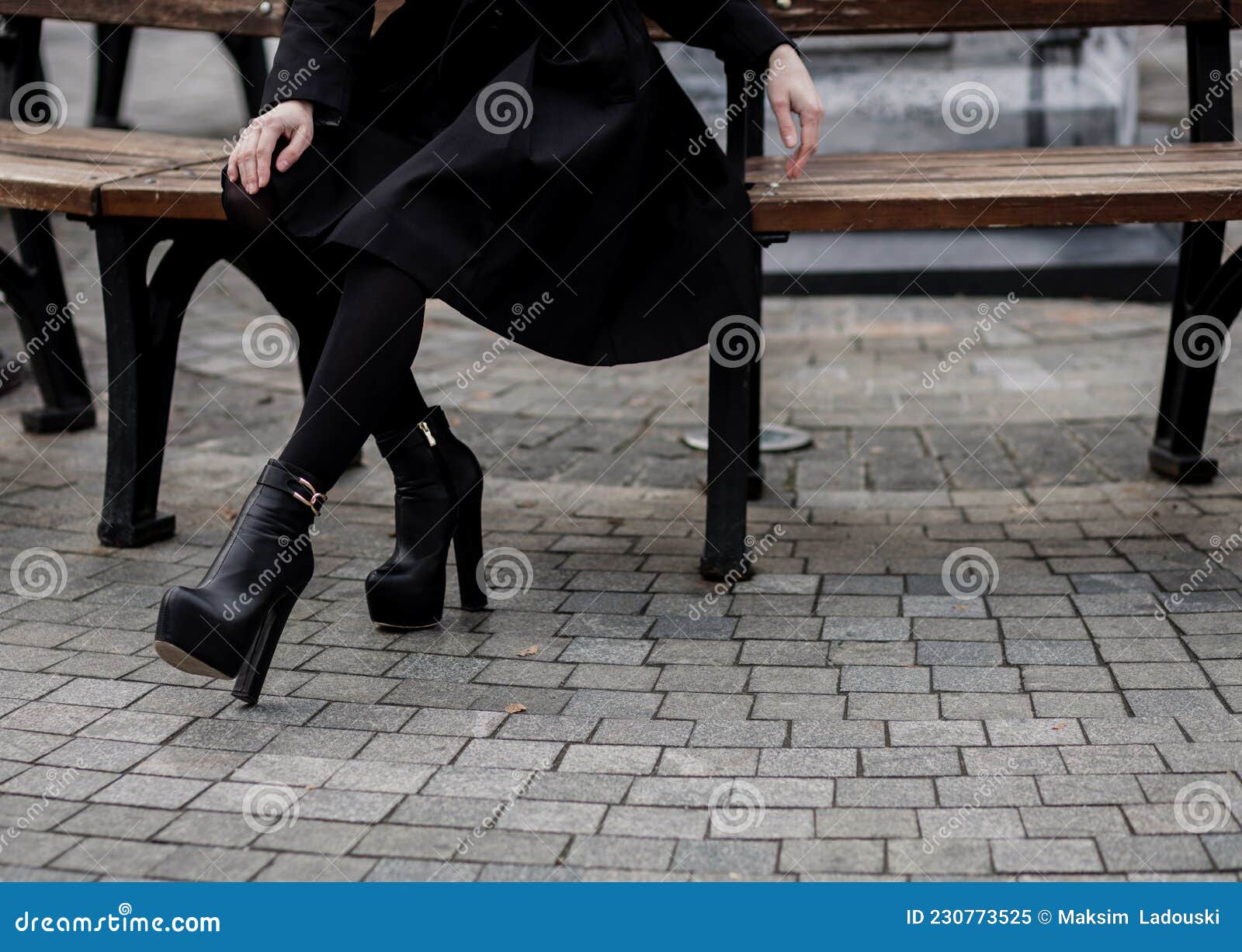 Woman Wearing Black Coat and Leather Boots Stock Image - Image of model ...