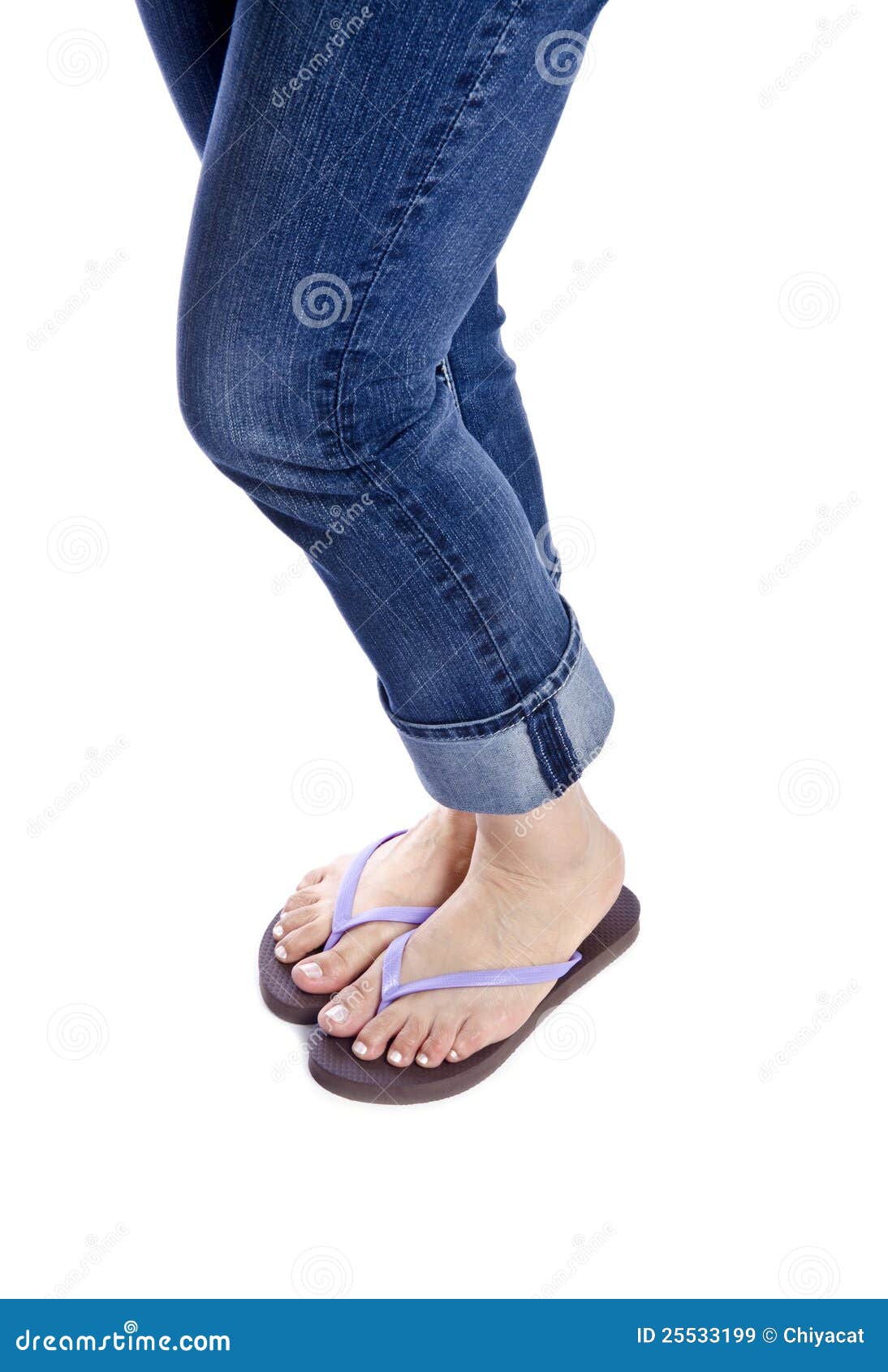 Woman Wearing Blue Jeans and Flip Flops #2 Stock Image - Image of