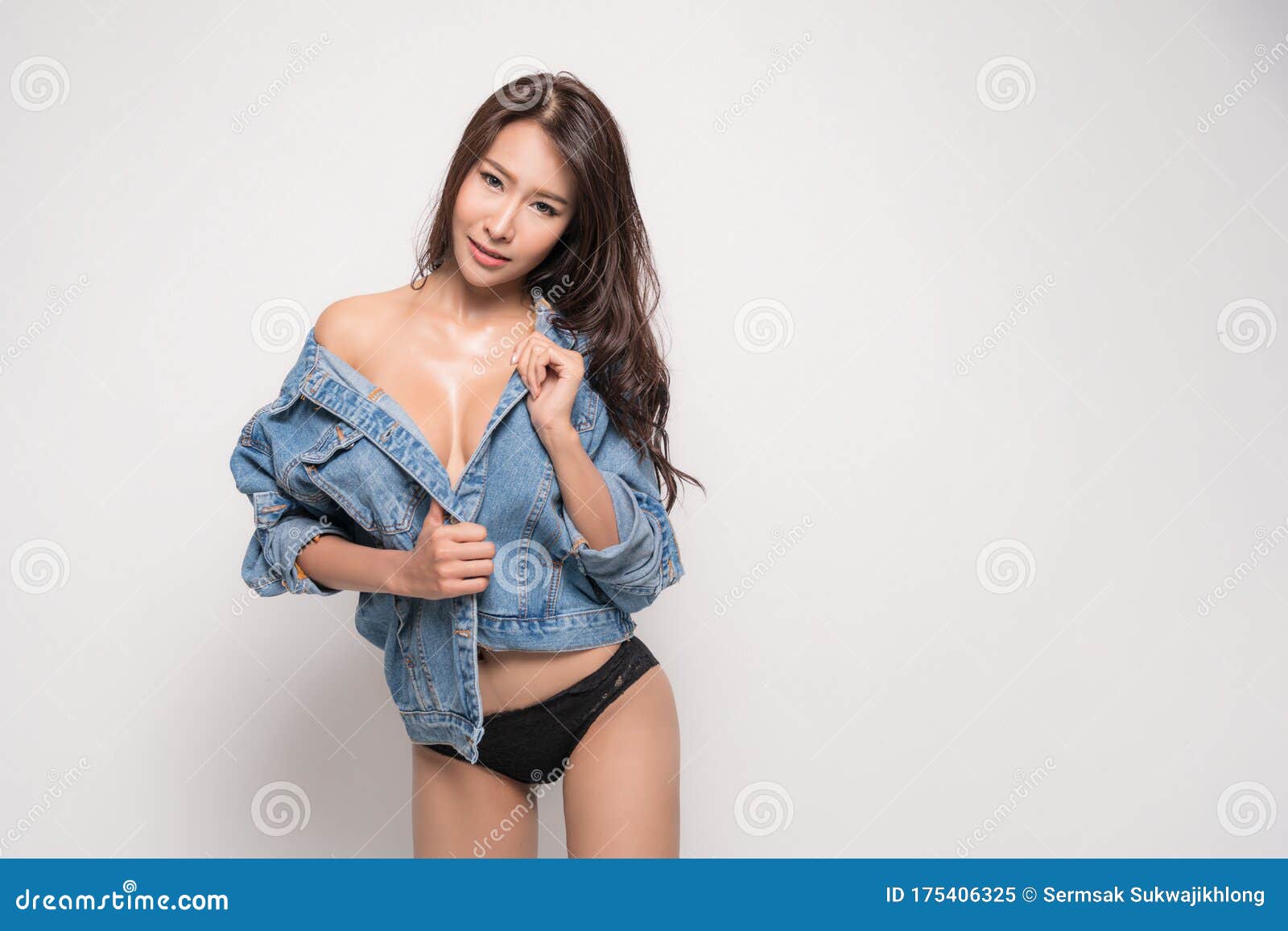 Woman Wearing Blue Jeans Jacket with No Bra Stock Image - Image of female,  happy: 175406325