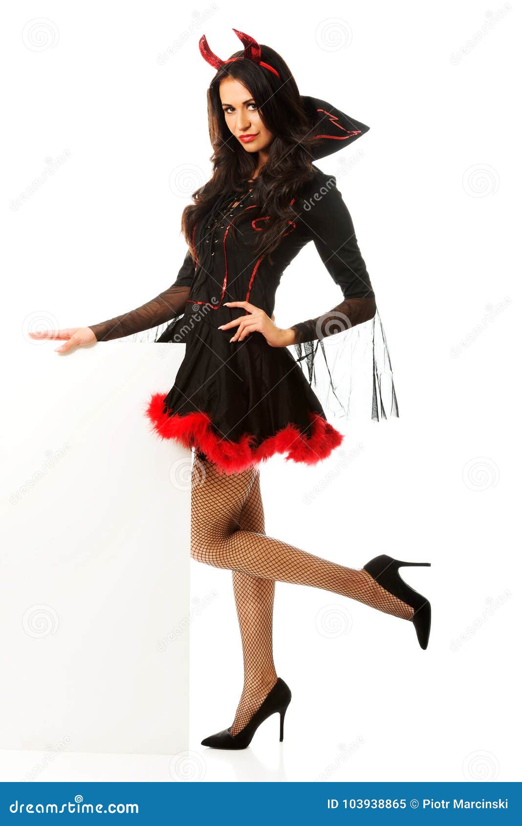 Woman Wearing Devil Clothes Holding White Banner Stock Image - Image of ...