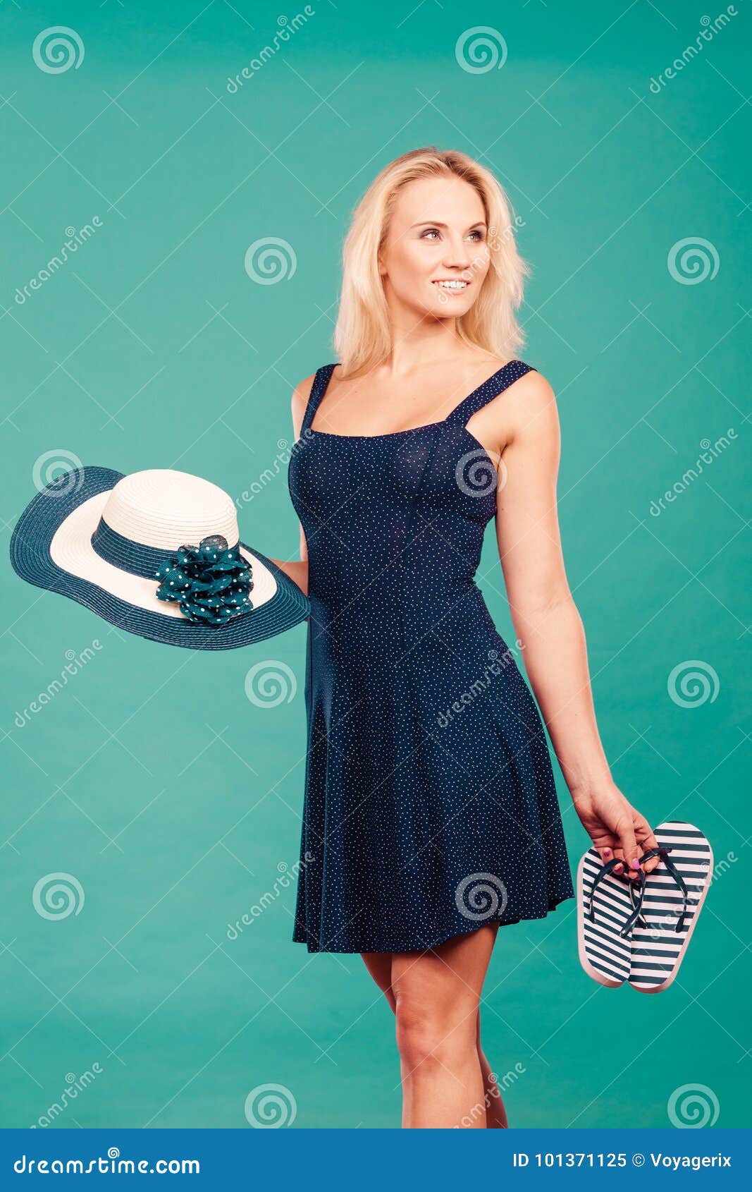 Woman Wearing Dress Holding Sun Hat an Flip Flops Stock Image - Image ...