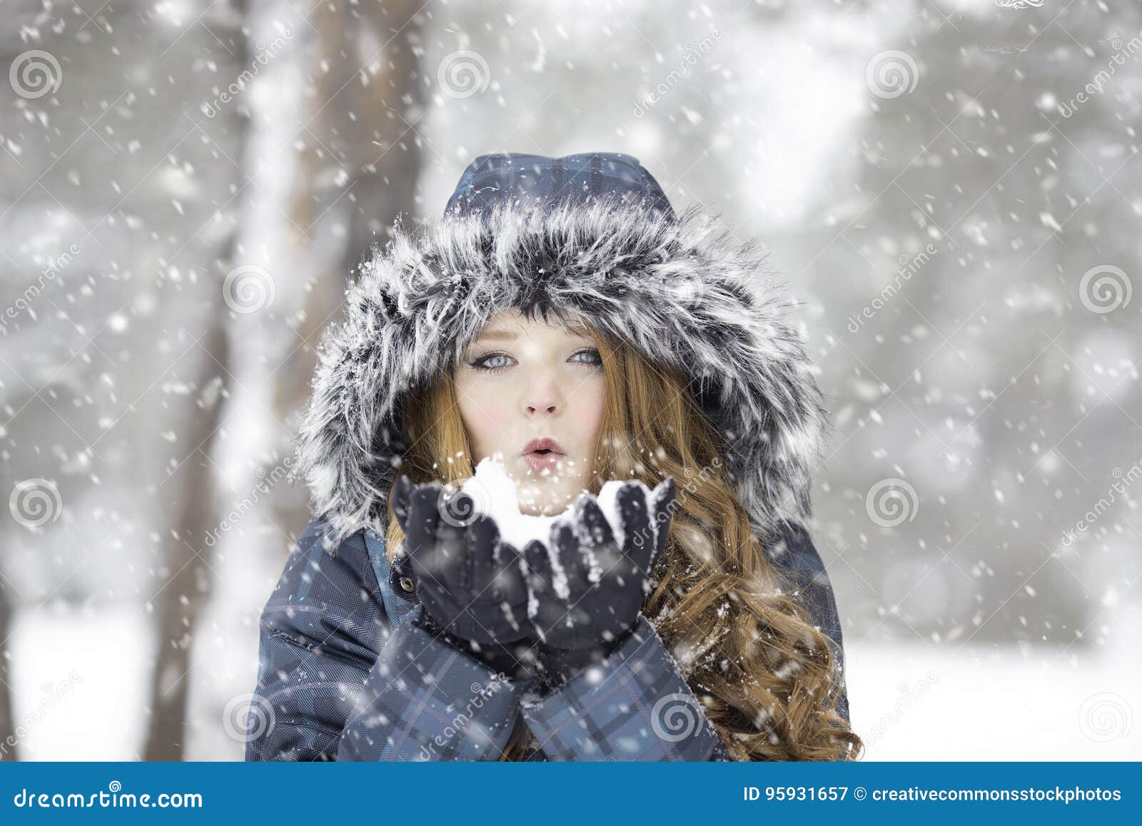 Woman Wearing Fur Hood In A Snow Storm Picture. Image: 95931657