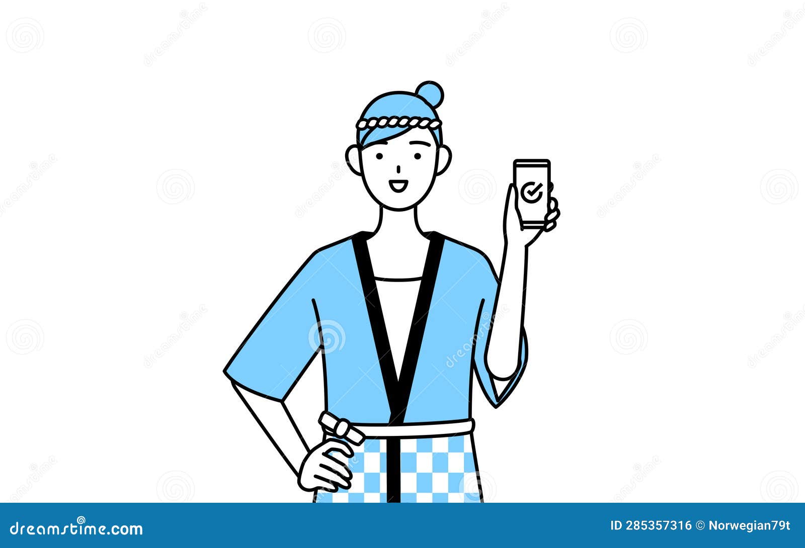 woman wearing happi coat for summer festivals using a smartphone at work