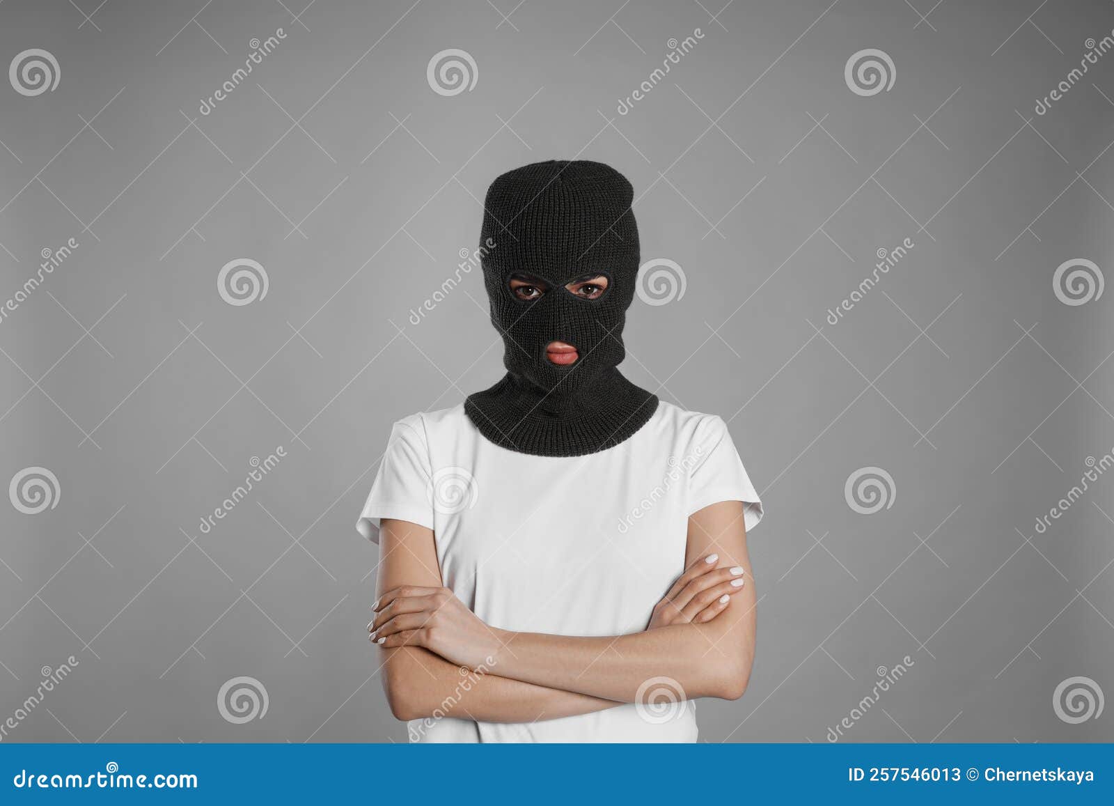 Woman Wearing Knitted Balaclava on Grey Background Stock Image Image