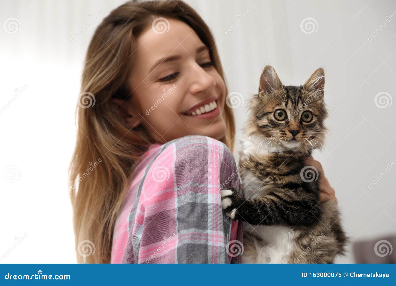 Woman Wearing Pajama with Cat. Owner and Pet Stock Image - Image of ...