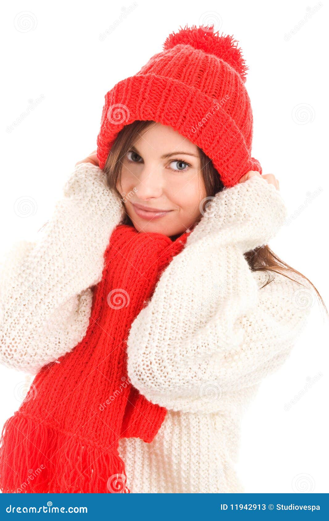 Woman Wearing Red Scarf and Cap Stock Image Image of cold, clothes