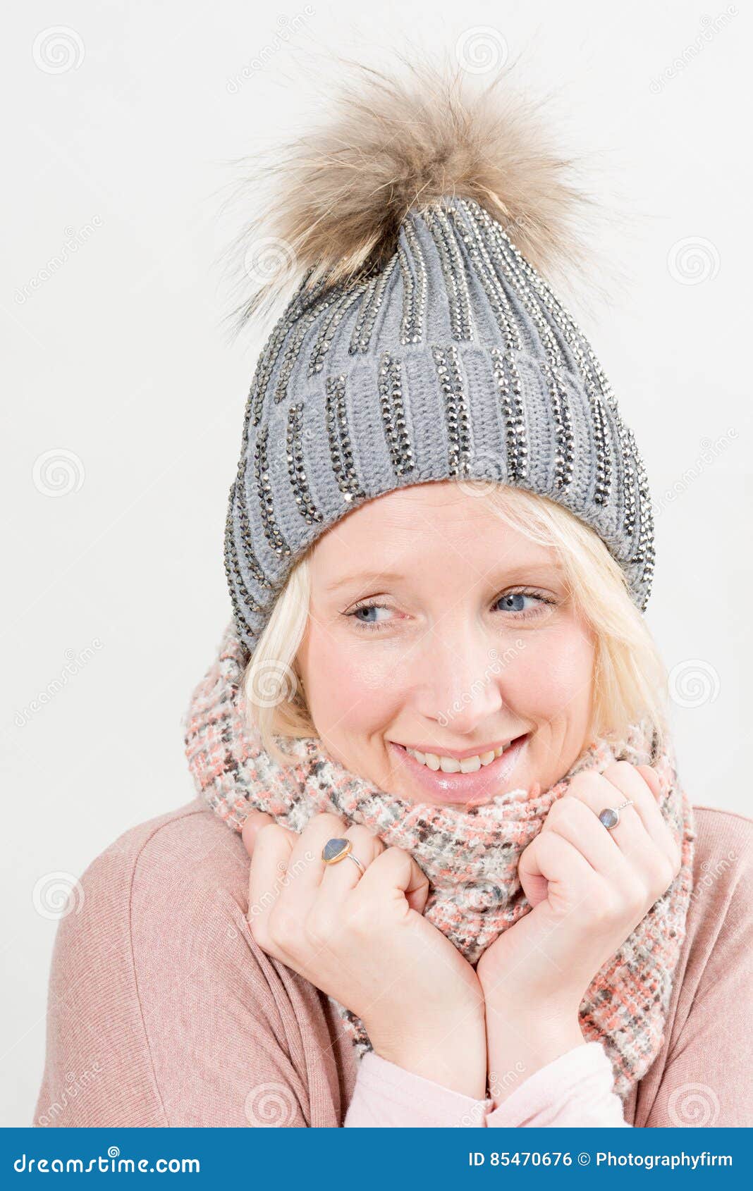 Woman Wearing Scarf and Winter Bonnet Looking Away Stock Photo - Image ...