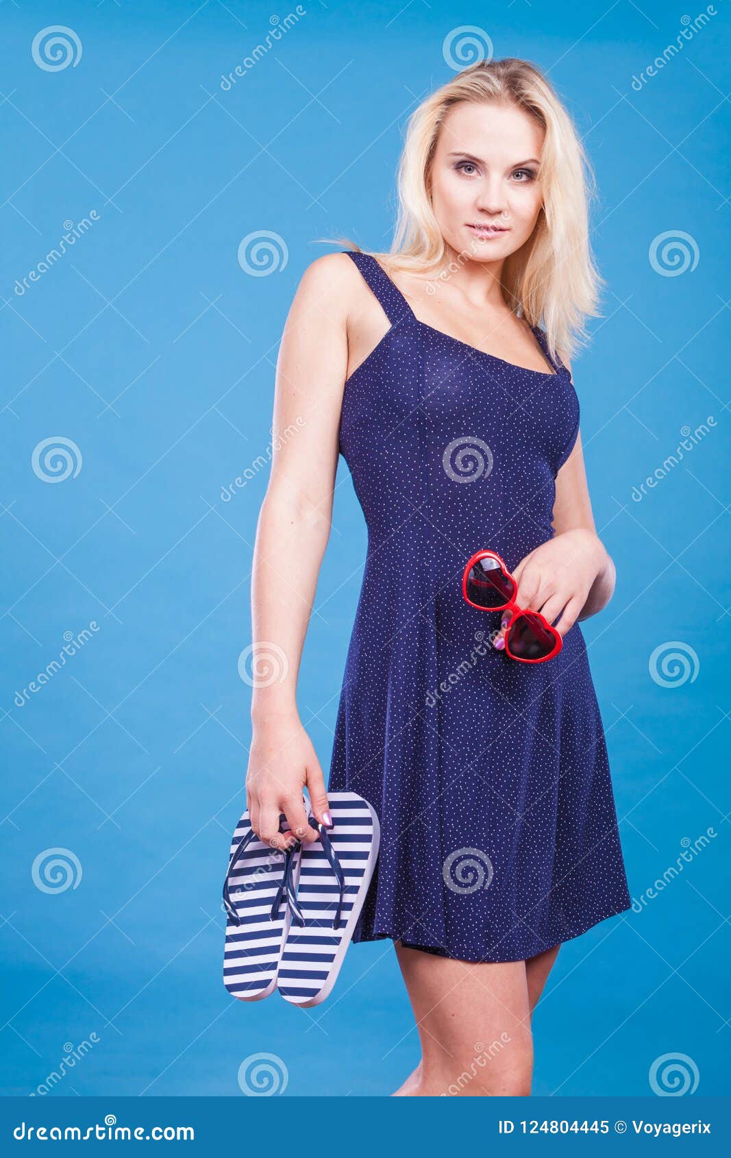 Woman Wearing Short Dress Holding Flip Flops And Sunglasses Stock Image Image Of Cheerful