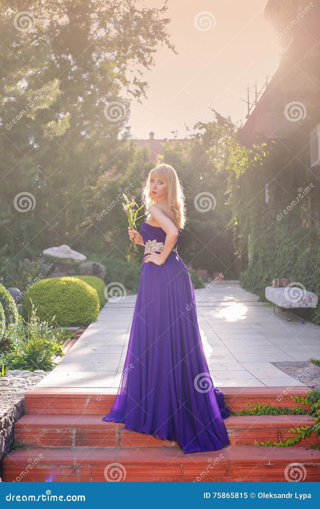 Woman Wears Long Purple Dress. Stock Image - Image of bride, flowers ...