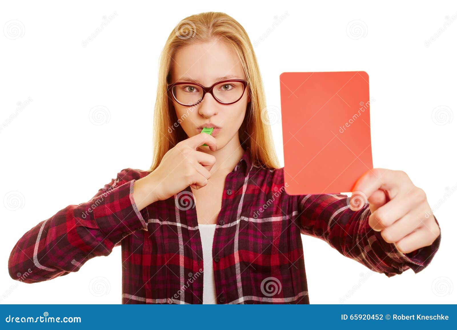 Woman With Whistle Showing A Red Card Stock Photo Image Of Admonish