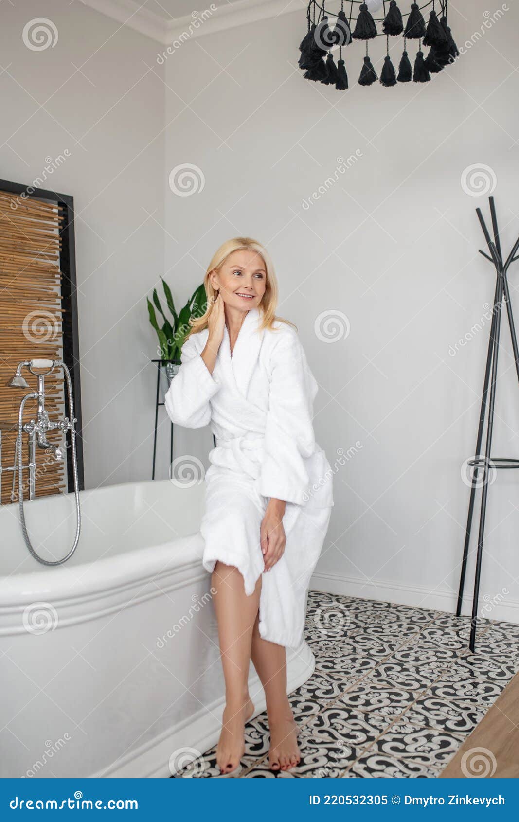 Woman In A White Bath Robe Planning To Have A Bath Stock Image Image Of Wellbeing Indoors