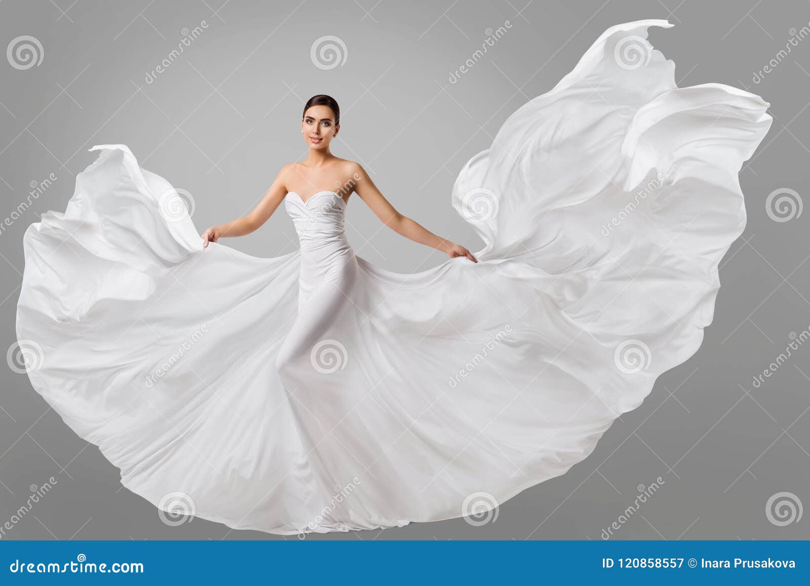 woman white dress, wedding fashion model in long silk bride gown