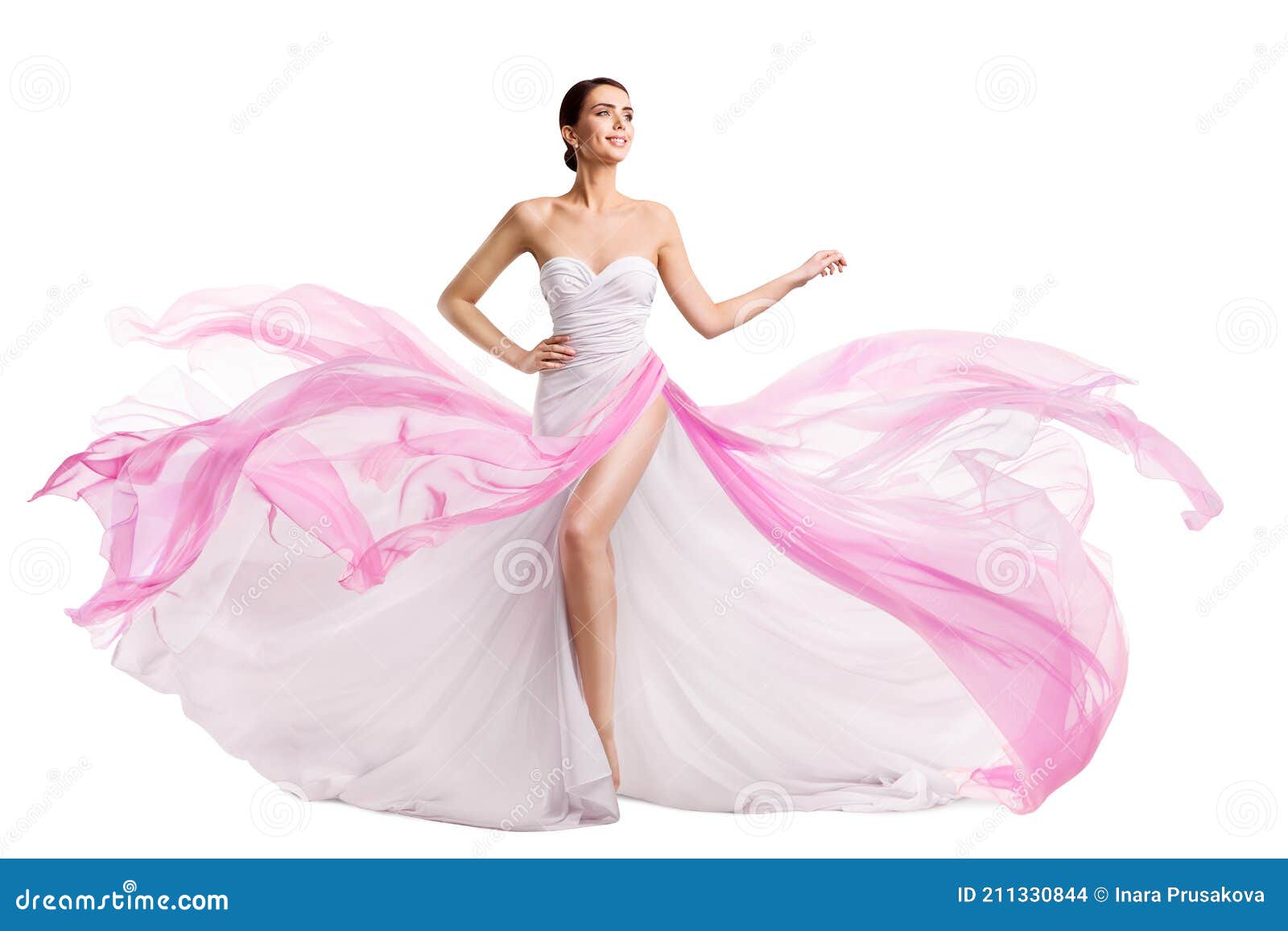 Woman White Pink Dress Flying on Wind. Fashion Model in Chiffon Long ...