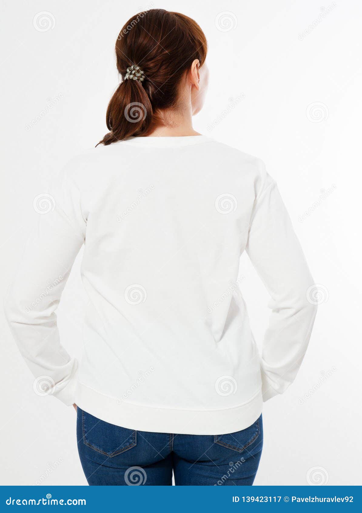 Download Woman In White Pullover Posing On White Background - Back ...