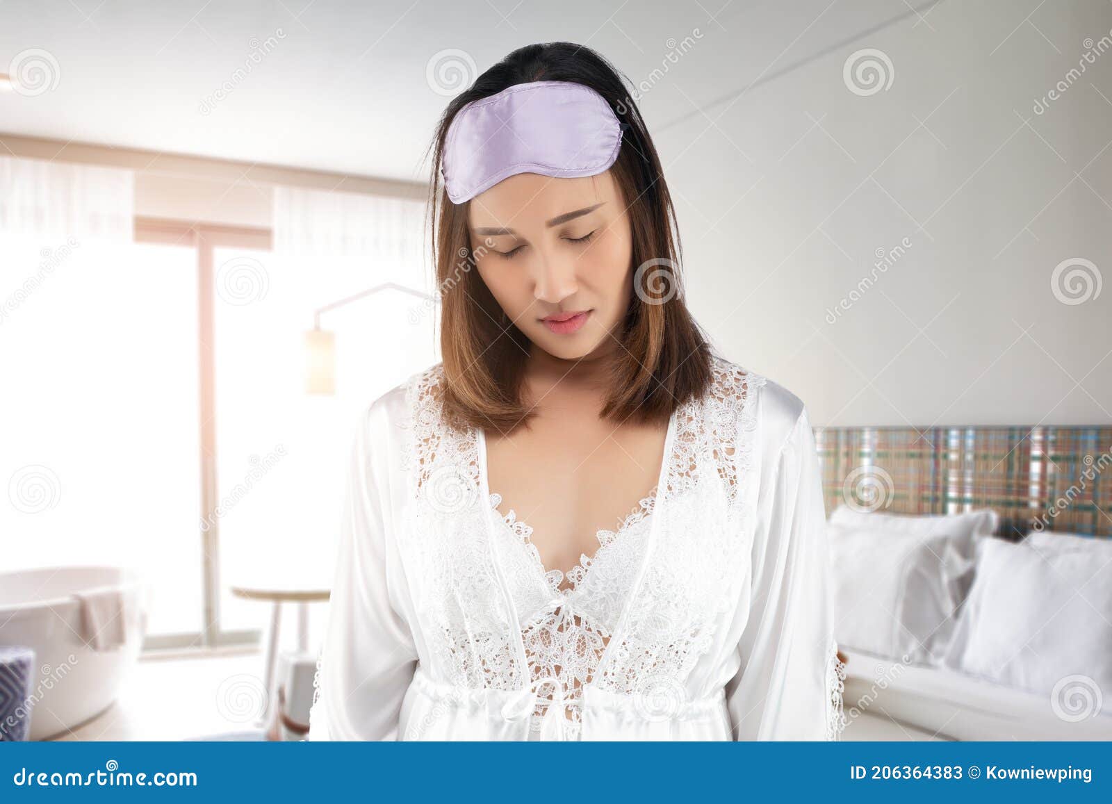 laziness woman asleep standing in the morning